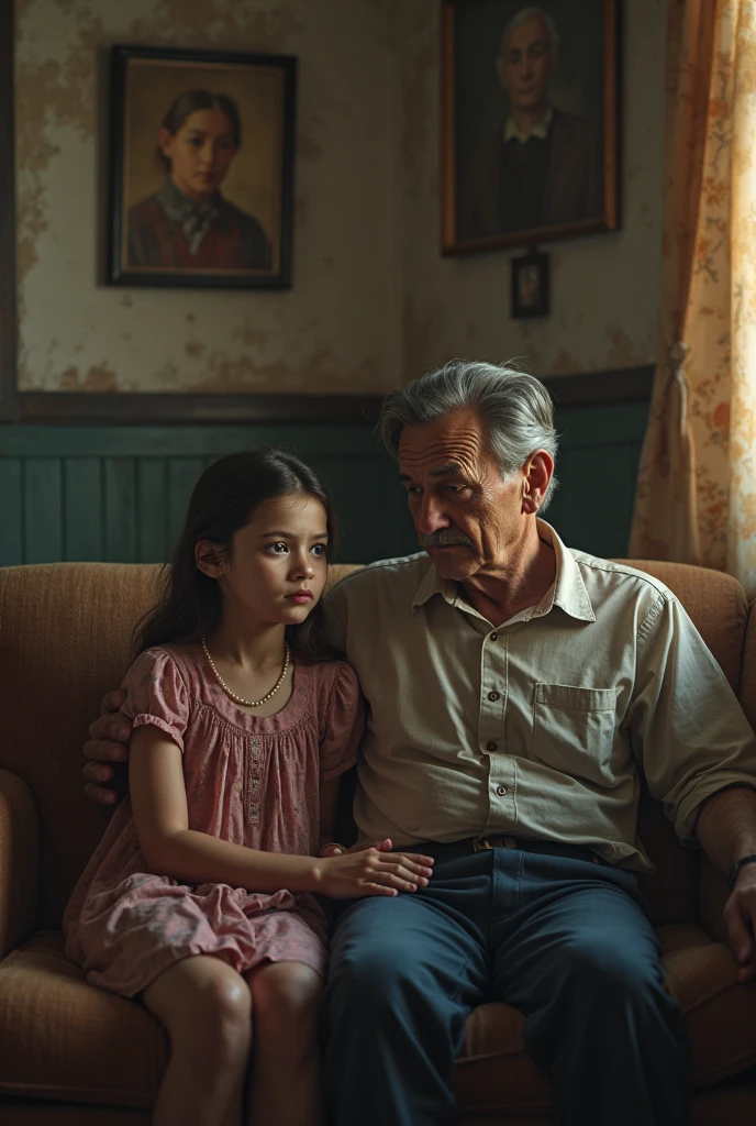 A apparently 4 years old , with her father looking at her sitting on the sofa