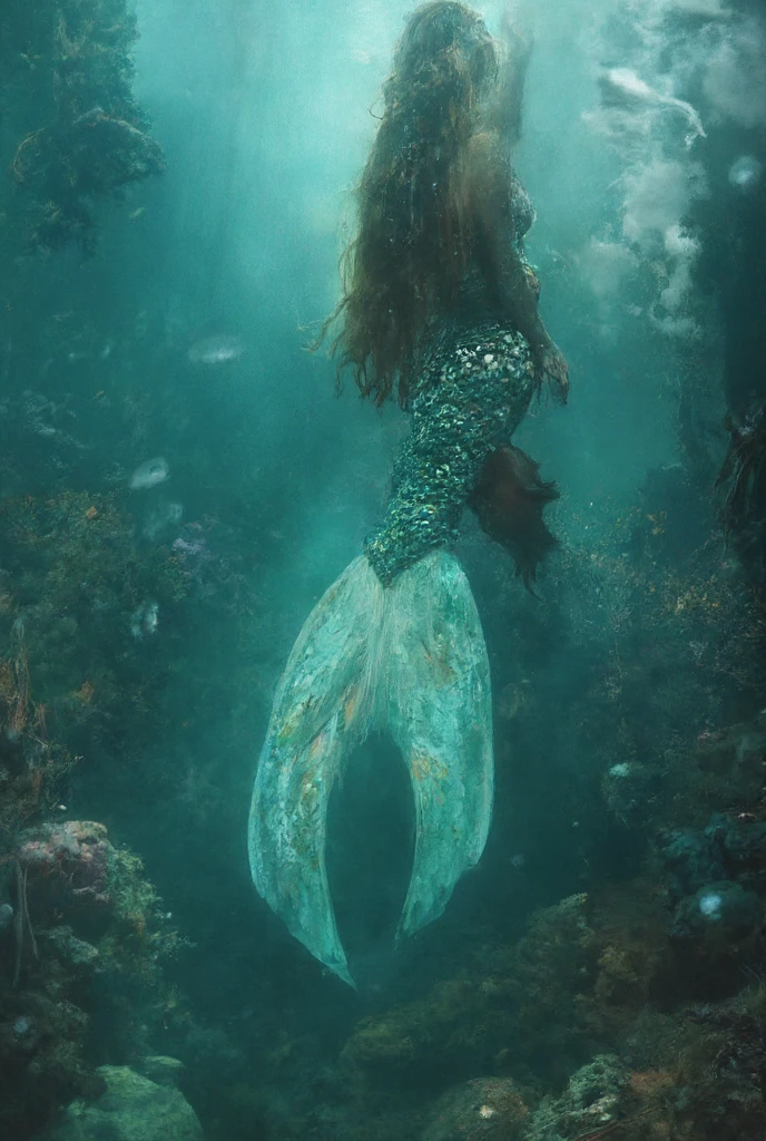 A mermaid swimming gracefully at the bottom of a fantastical sea