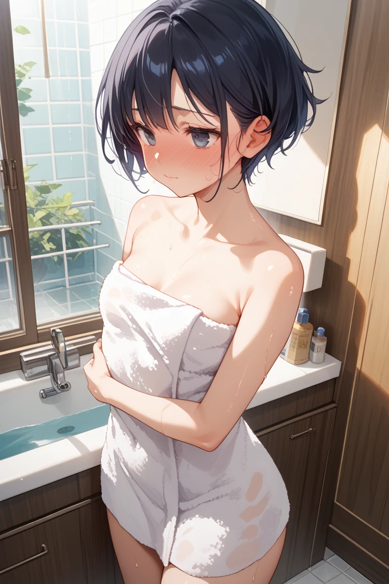 score_9, score_8_up, score_7_up, source_anime, best quality, masterpiece, official art, absurdres, highres, ultra-detailed,waifu2x,Collection: Slice of Life,break,1boy, 1girl, tomboy, dark-skinned female, short hair, low ponytail, flat chest, nipples, beautiful detailed eyes, nude, hug from behind, bathing, wet, open mouth, (yawn:0.3), sleepily, steam, water, water drop, bathroom, indoors, break,(clear line illustration:1.2), super detailed skin,very high resolution, very aesthetic, Best sexual lighting powered by famous artist, 8k,cute picture,beauty illustration,photoshop_(medium),,(Detailed Lighting),uncensored,