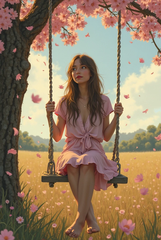 super realistic oil painting digital illustration masterpiece, best quality, Dynamic Angle, camera capture from below. A beautiful young woman with straight black hair, wearing a pink sleeveless dress barefoot. Swinging on a wooden swing. The trees, blue sky and clouds are visible. Very detailed