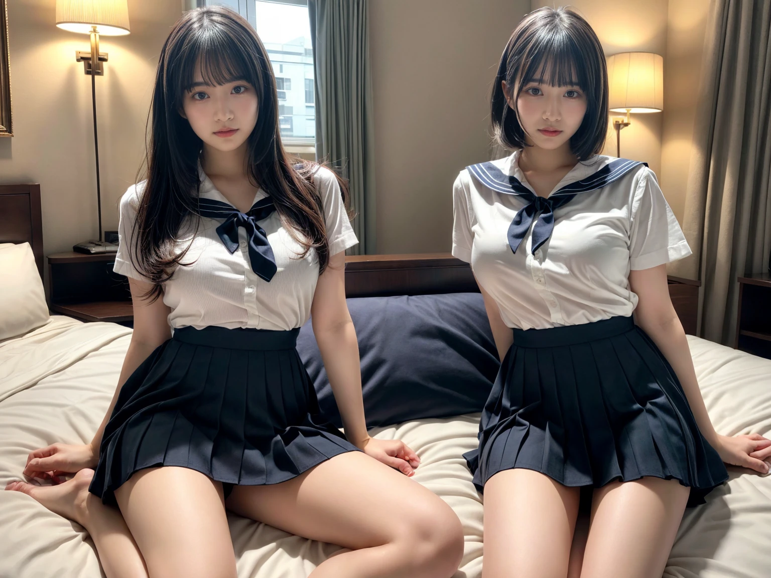 masterpiece, best quality, illustration, Super detailed, fine details, High resolution, 8K,wall paper, perfect dynamic composition,(Details High quality, realistic depiction of eyes:1.3), (3 girls), Black Sailor Uniform, serafuku, Navy pleated skirt, sitting, open legs, short bob hair, in a hotel room in the background, deep on field, large breasts, black hair color, Big Natural Color Lip, (perfect body shape), crying a little、Harajuku style、20 year old girl、cute type、beautiful legs, Gravure Idol