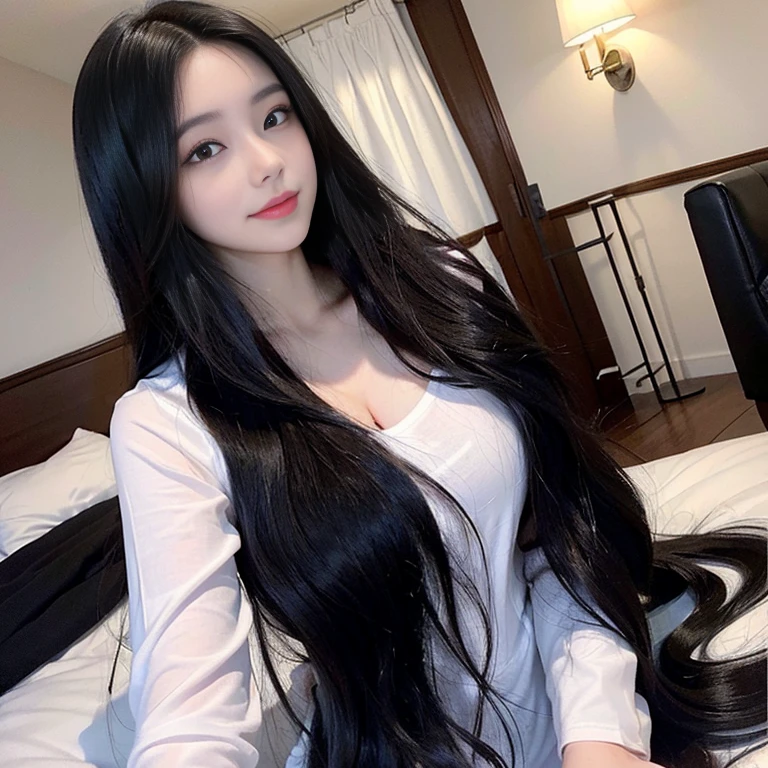 Best image quality、highest quality、Highest Resolution、Ultra-realistic photos、Full body photo、1 girl、Very beautiful face、Super super long hair、Hair Length Approx.5Meters、Straight black hair、Black hair longer than height、Black hair that hasn't been cut for over 20 years、Slender body、White underwear or naked、World Long Hair Contest Winner、Terrifyingly thick black hair、My very long black hair is wrapped around my body.、