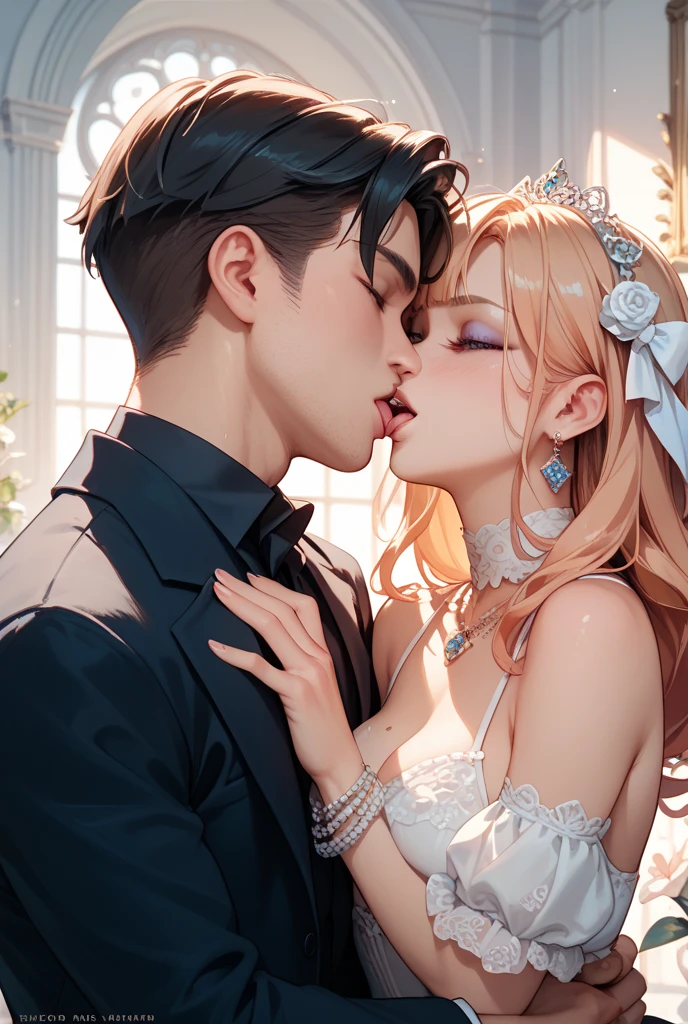 official art, unity 8k wallpaper, ultra detailed, beautiful and aesthetic, High quality, beautiful, masterpiece, best quality, a male muscular warrior arm veins, kissing a princess, (kissing), hugging, romantic, love, fantasy, castle