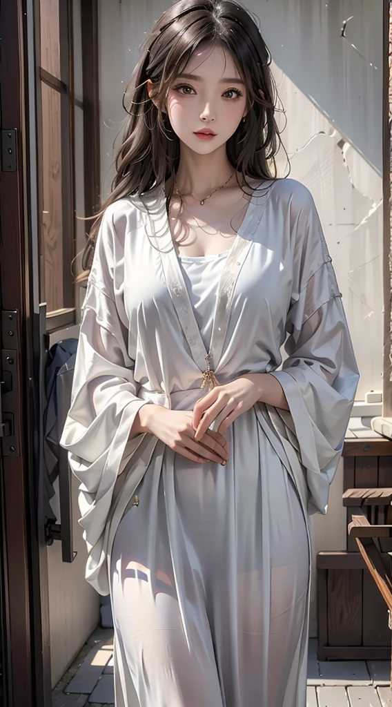 A 28 year old pure lady from a wealthy family, showering in the bathhouse. Slim waist, tall and bony, with a flat lower abdomen and a moist body. Wearing a semi loose ultra-thin perspective silk bathrobe without any .