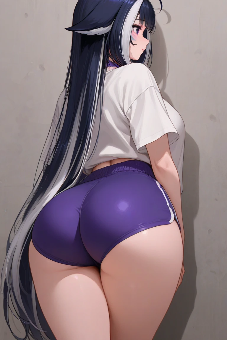 1girl,silver hair,dark skin,purple hair, dolphin shorts, pink shorts, looking back, ass, pantyshot,, masterpiece, best quality, highly detailed
,ชุดรัดรูป, camel toe, โชว์กางเกงใน , โชว์หน้าอก, หัวนม,