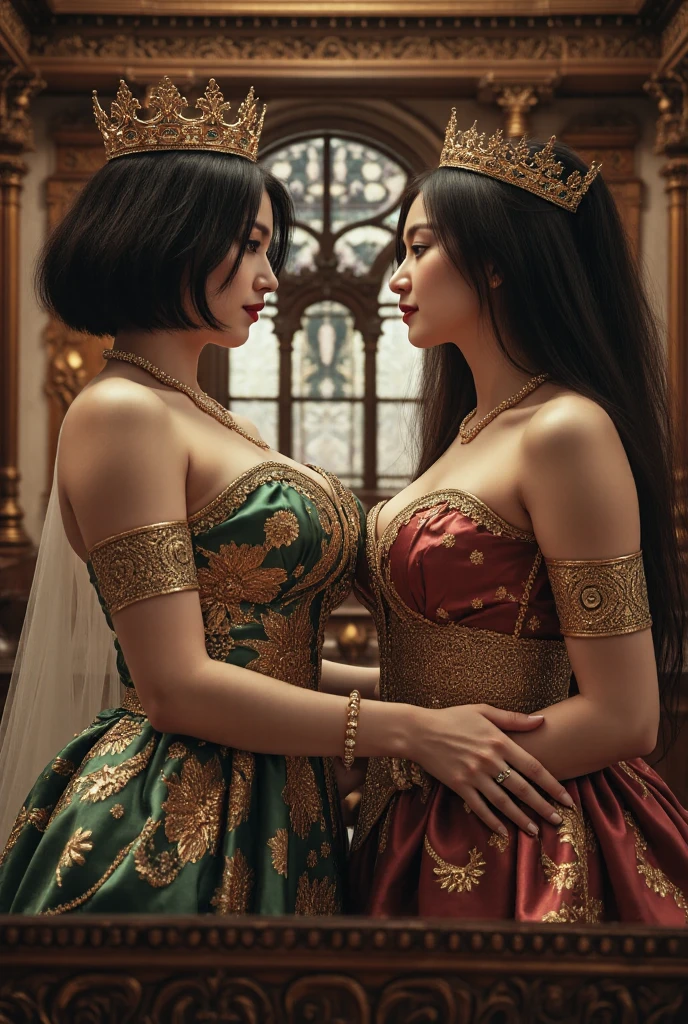 (beautifull lady and her sister with large breast, kissing lips to lips, hand touch breast, armpit, wear (detail luxury traditional dress) ,(detail luxury strapless bra), (show cleaveage), (show underboobs) , (show sideboobs), (show thigh), flower vase, (large breast:1,9), traditional ornament background, background, detail luxury floor, detail flower vase, detail luxury table, detail luxury gift , detail luxury lamp, beautifull face, pretty face, beautifull eyes, beautifull nose, sexy lips, polished nails, raytracing, nsfw, beautifull fingers, beautifull hands, sexy belly, sexy body, sexy shoulders, sexy legs, sexy hips, (bracelet), (hairpin), (ring), (necklace), (earring), black nails , blue eye,, nsfw, (4 fingers in 1 hand), white skin, full body picture, pretty makeup, (boob stack), (lesbian), (perfect hand, perfect fingers)),(bottom view), (viewer looking from bottom), cg realistic, 8k, sharp eye, (from behind), cg realistic, 8k, sharp eye, (masterpiece, best quality:1.2),(8k,highres,RAW photo,realistic,photo-realistic:1.3),(detailed skin texture,detailed cloth texture,beautiful detailed face:1.25),professional lighting,photon mapping,beautiful soft light,radiosity,physically-based rendering,model shoot style, model shoot style, (extremely detailed CG unity 8k wallpaper), full shot body photo of the most beautiful artwork in the world, complex 3d render ultra detailed, looking at viewer, 18 yo, wet hair, real human skin, vibrant details, hyperrealistic, beautiful, octane render, 8k, best quality, masterpiece, an extremely delicate and beautiful, extremely detailed ,CG ,unity ,wallpaper, (realistic, photo-realistic:1.37),Amazing, finely detail, masterpiece,best quality,official art, extremely detailed CG unity 8k wallpaper ,extreme detailed eyes, (perfect face), shiny skin, colorful, highest detailed, vibrant colors, ultra high res, (high contrast), intricate, lens flare,