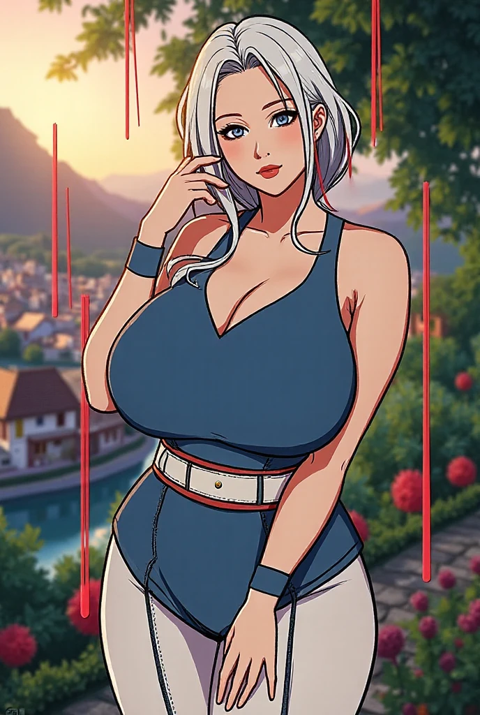 (best quality, ultra-detailed, photorealistic: 1.39), bright and vibrant colors, studio lighting, romantic expression, love smile, Beautiful white hair, long braided hair, muy voluptuosa, , medium breast, shy smile, wallpaper, tank top, long pleated skirt with flower prints, breasts bounce, fit, muscular, hair, mercenary, front pose, cleavage