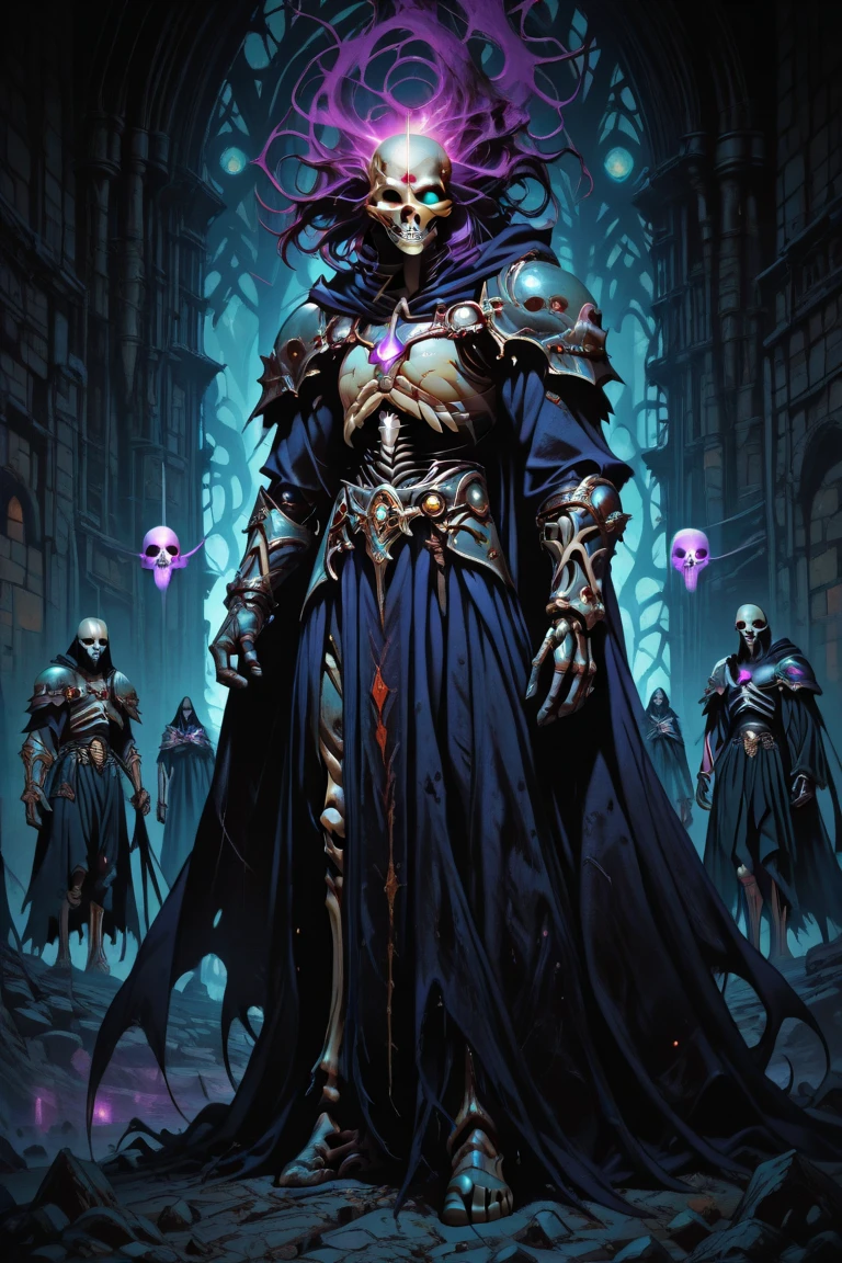 Create an image of a skeleton knight standing in smoke, neon ruby eyes, smoke coming from its mouth, upper body, looking at the viewer, absolute black cloak, absolute black death knight armor, glowing ruby ornaments, glowing ornaments, absolute black cape, absolute black hood, evil demonic intentions,
