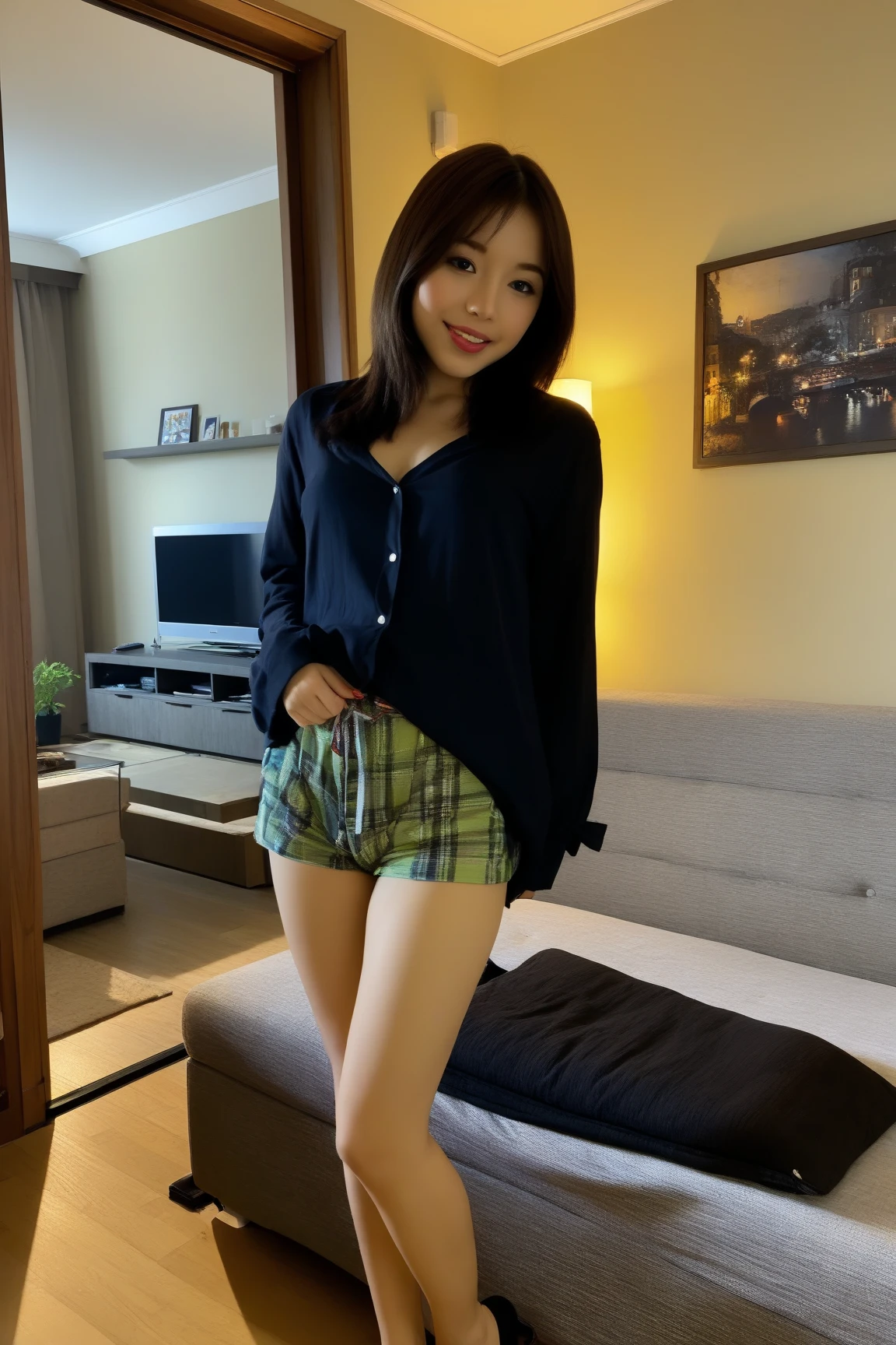 bad quality. a thai woman weighs 77kg. Slightly plump, slim body. Long sleeve t-shirt. shorts. big cleavage. young beautiful smiling face. Big tits hot. sitting on the sofa after just finishing exercise. almost like a lot of sweat dripping. Wet hot. Body dripping with sweat. in the living room. There are lots of red rupiah notes on the sofa. at noon. color cctv footage. seen from above CCTV. neat corner. low light.