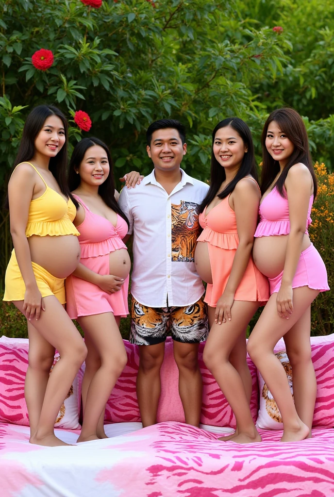 A beautiful Indonesian woman in a red transparent mini dress, big pregnant, smiling, bangs, long eyelashes, red painted nails, earrings, sensual, makeup,  outdoor beach, realistic, photorealistic, 8k, high quality, hyper detailed, chiaroscuro lighting, dynamic pose, dramatic lighting, cinematic, elegant, intricate details, warm color tones