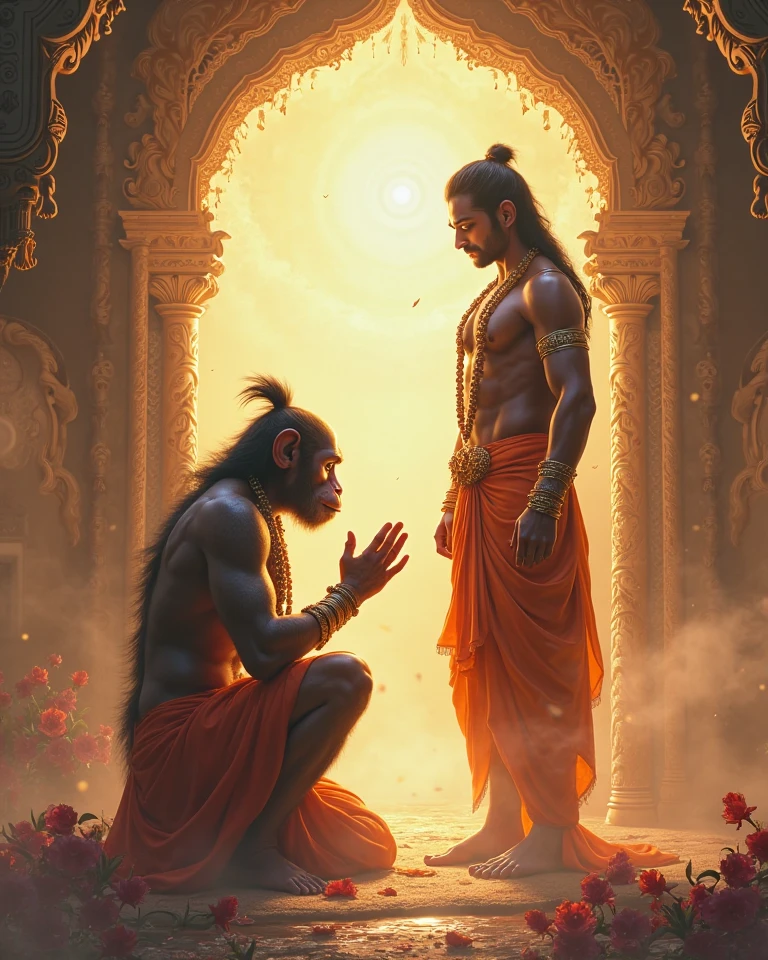 a backdrop depicting a battlefield with Hanuman army of vaanara with huge muscular body. The image could show them standing strong and fearless by folding hands, creating a sense of strength and determination. It would be quite an impactful wearing saffron cloth.