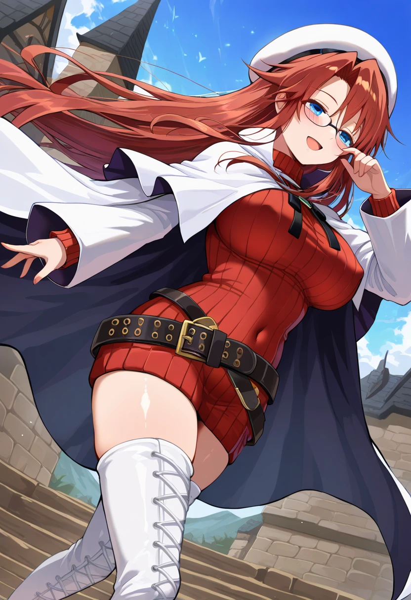 summonnightaty, aty, long hair, blue eyes, red hair, beret, hat, glasses,
BREAK long hair, thighhighs, hat, dress, boots, glasses, belt, cape, sweater, zettai ryouiki, beret, thigh boots, white footwear, ribbed sweater, loose belt,,
BREAK outdoors, fantasy_town,
BREAK (masterpiece:1.2), best quality, high resolution, unity 8k wallpaper, (illustration:0.8), (beautiful detailed eyes:1.6), extremely detailed face, perfect lighting, extremely detailed CG, (perfect hands, perfect anatomy),(covered_nipples:1.3),covered_navel,light_smile,dynamic_posing,(half_eyes:1.2),light_open_mouth,sword,