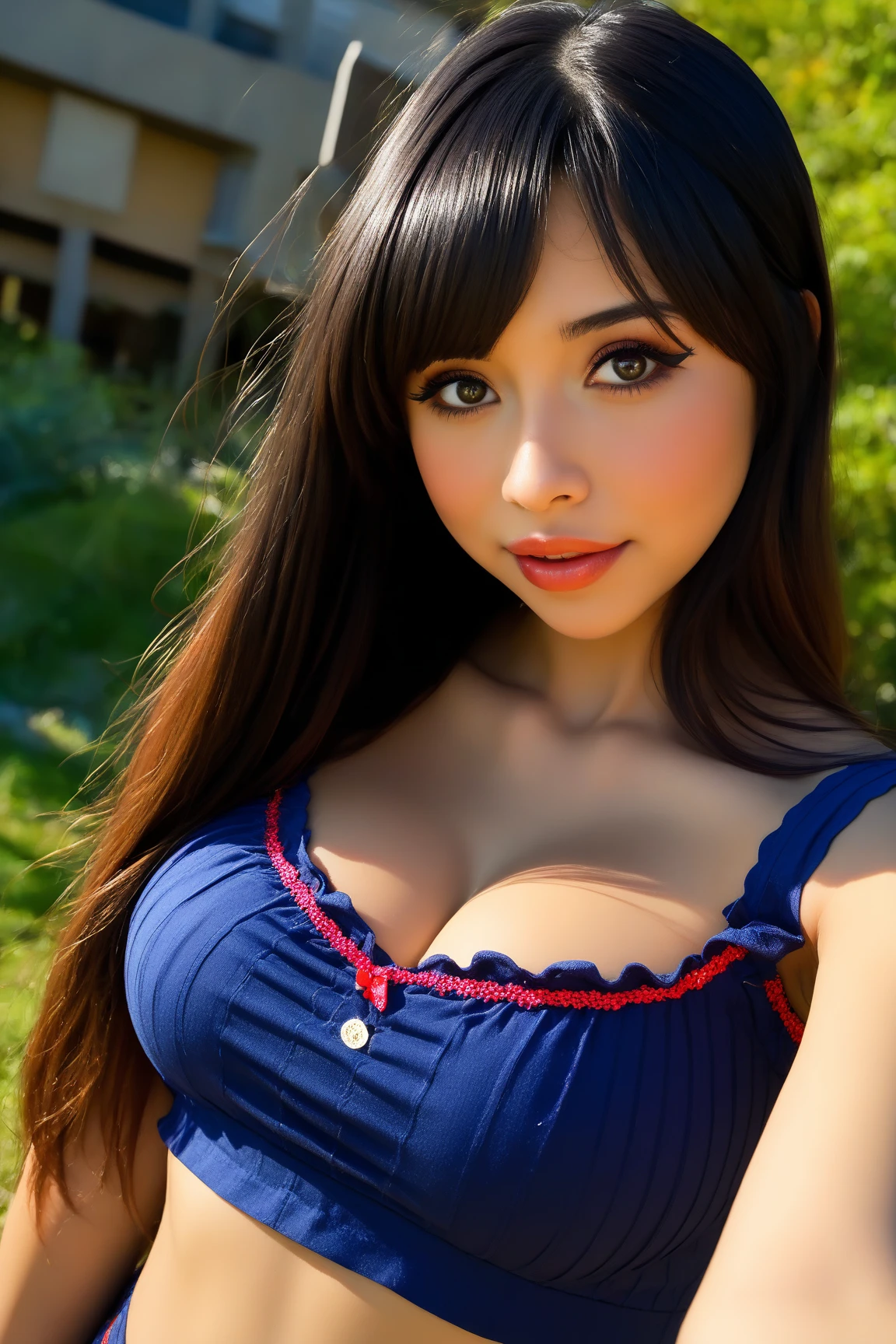 A girl in a garden,beautiful detailed eyes, beautiful detailed lips,extremely detailed eyes and face,long eyelashes,multiple flowers in her hair,flowing black hair,captivating smile,confident and elegant posture. Oil painting,ultra-detailed,high-res,realistic, vibrant colors. Energetic brush strokes and vivid texture. Soft and natural lighting, emphasizing the girl's graceful figure. Oral sex. busty