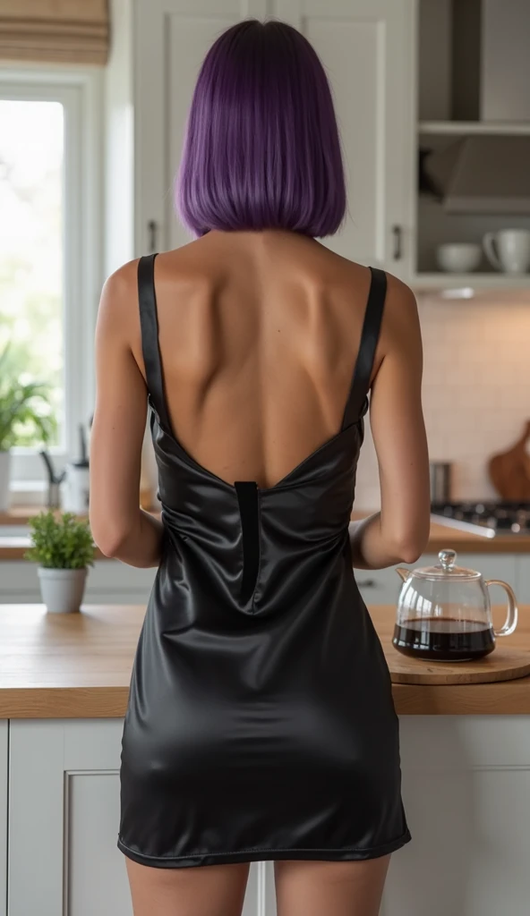 An anime girl, masterpiece, best quality, ultra detailed, 4K, 8K, A beautiful 20-year-old woman with dark brown, high-tied dreadlocks and tanned skin, cooking curry in a futuristic American kitchen. She wears a tight black tank top that accentuates her voluptuous figure. Her eyes are a stunning green, and she has a dazzling smile. She is stirring a pot of curry with a ladle, with sunlight streaming in from a small window at the side, creating a dramatic composition. The background is a near-futuristic American kitchen. The scene is in the style of Japanese anime and watercolor. Focus on her upper body, ensure the world is immersive, and do not include text in the image or any deformed human anatomy.