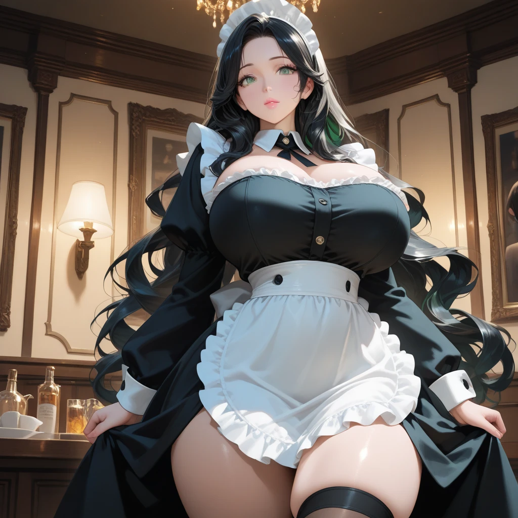 Mature Woman, Huge breasts, lips, Mouth closed, Conceit, Straight Hair, Very long hair, Mischievous face,Succubus Maid