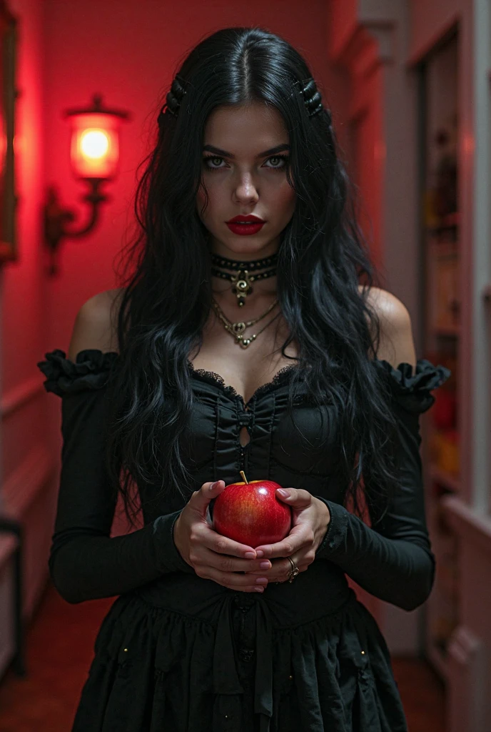 (best quality,ultra-detailed),sexy vampire with white eyes,holding an apple,vibrant portrait,dark atmosphere,hauntingly beautiful,night scene,dramatic lighting,Mysterious seductive gaze,flowing black hair,pale complexion,red lips,blood-red apple,lengthy fangs,mesmerizing eyes,powerful presence,twilight color palette,gothic aesthetics,ravishing beauty