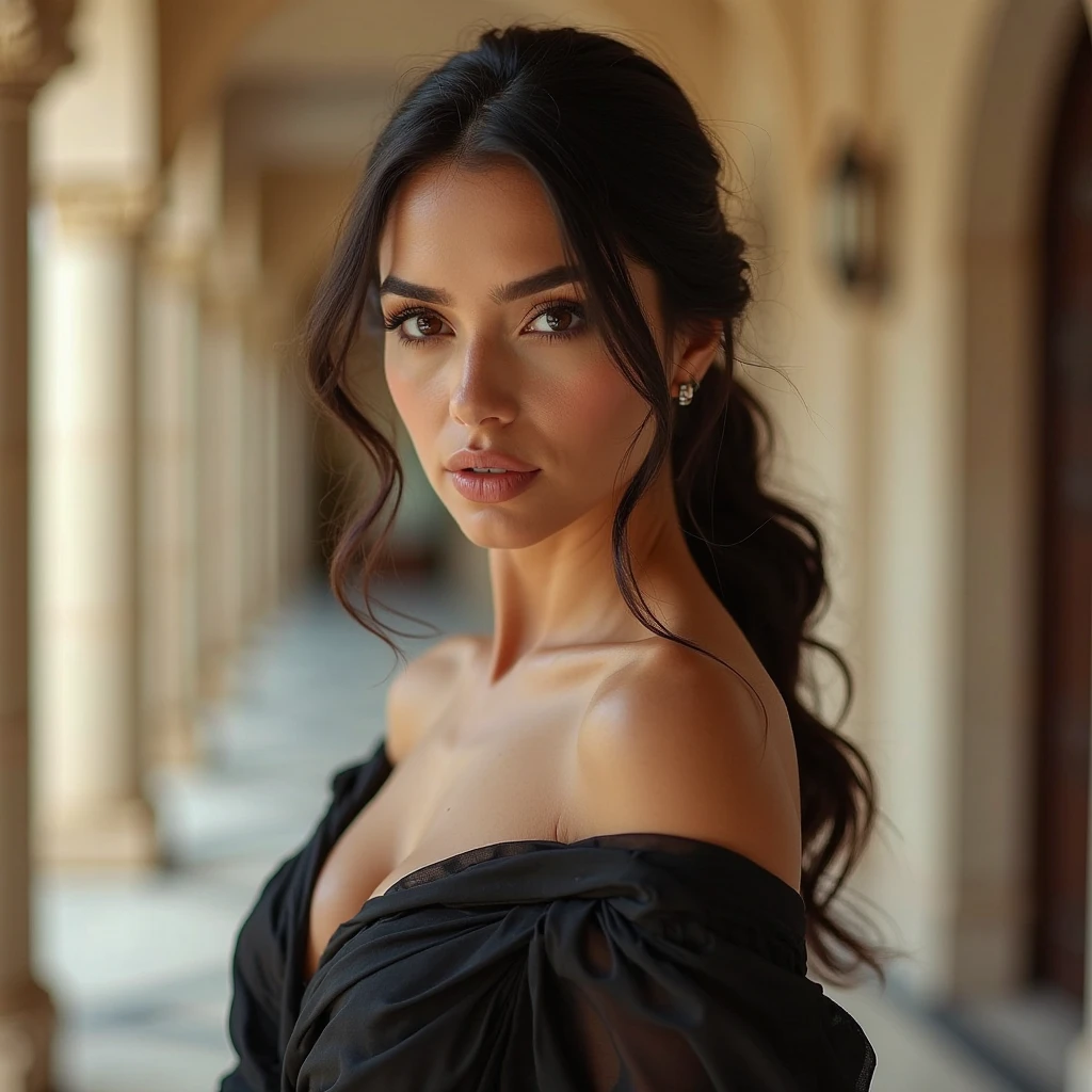 portrait of A slender European model, the most beautiful girl in the world, small nose, and her long black hair styled in an elegant bun, Her flawless white skin glows under the sun's rays, as her alluring brown eyes captivate the viewer. Adorned with a small necklace that perfectly complements her décolleté, she exudes confidence and allure. Her slim figure is accentuated by a form-fitting sexy dress, while her slender legs are elongated by a pair of sleek high heels. The image, captured with an outside lens set at an aperture of f1.8, boasts unparalleled realism and incredible detail, bringing every aspect of the model's beauty to life. The vibrant bokeh in the background. (photography by Steve McCurry), very detailed, dramatic lighting, digital art trending on Artstation 8k HD high definition detailed realistic, detailed, skin texture, hyper-detailed, realistic skin texture, armature, best quality, ultra high res, (photorealistic:1.4), high resolution, detailed, raw photo, sharp re, by lee jeffries nikon d850 film stock photograph 4 kodak portra 400 camera f1.6 lens rich colors hyper-realistic lifelike texture dramatic lighting unrealengine trending on artstation cinestill 800, Hyper realistic