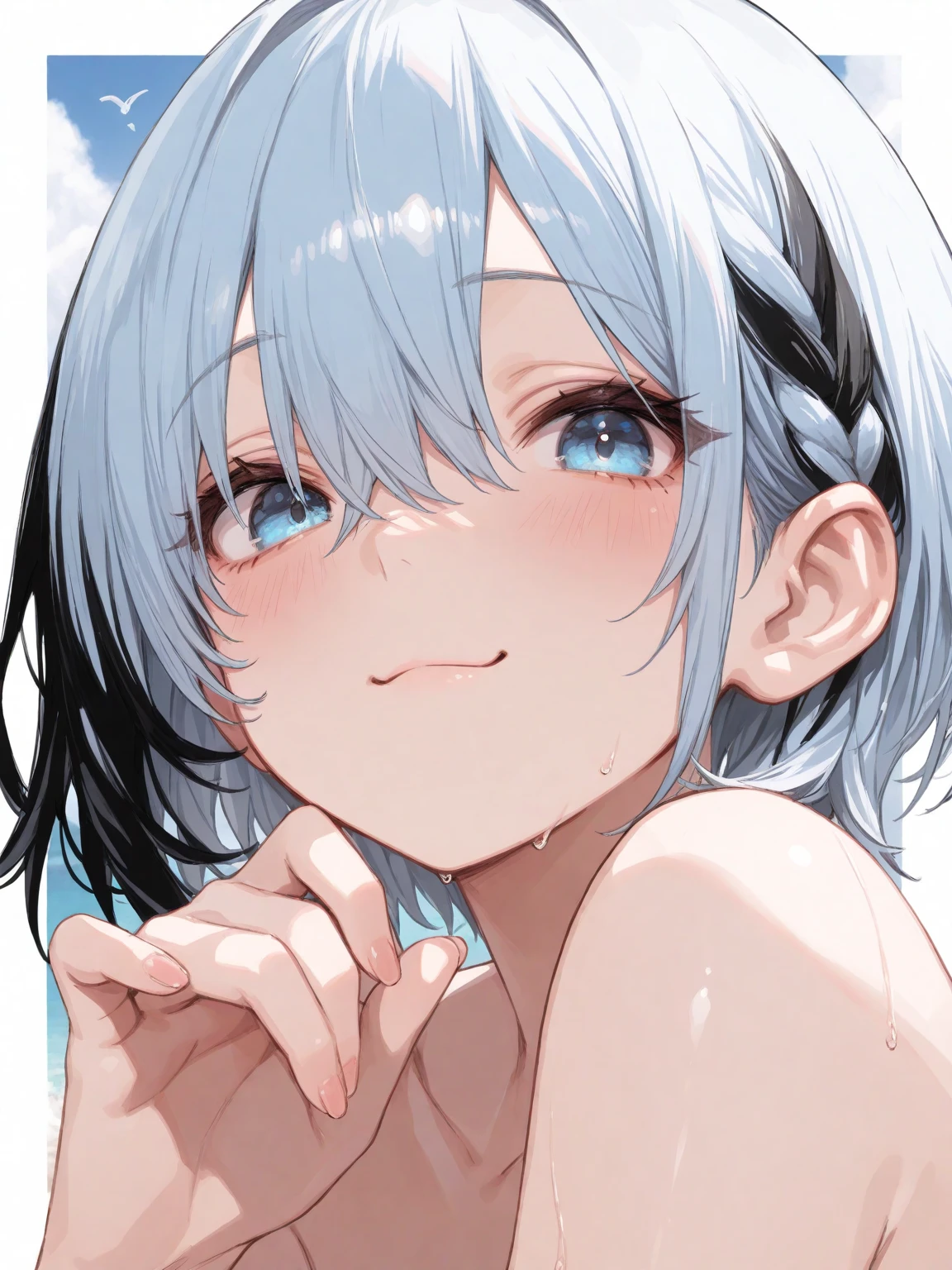 beautiful, masterpiece, Highest quality, anime, One girl, C Cup,Portrait Shot, View your viewers, Intricate details,>,((Covered、Short Hair、nearby、Blue Eyes、art、、White hair,Blue streaked hair、wallpaper、、white_gloves、hairpin、smile、、Angel、Nipples、Thighs、Halo、Wolf Hair、barefoot、Sleeping posture、Butt、Landscape screen