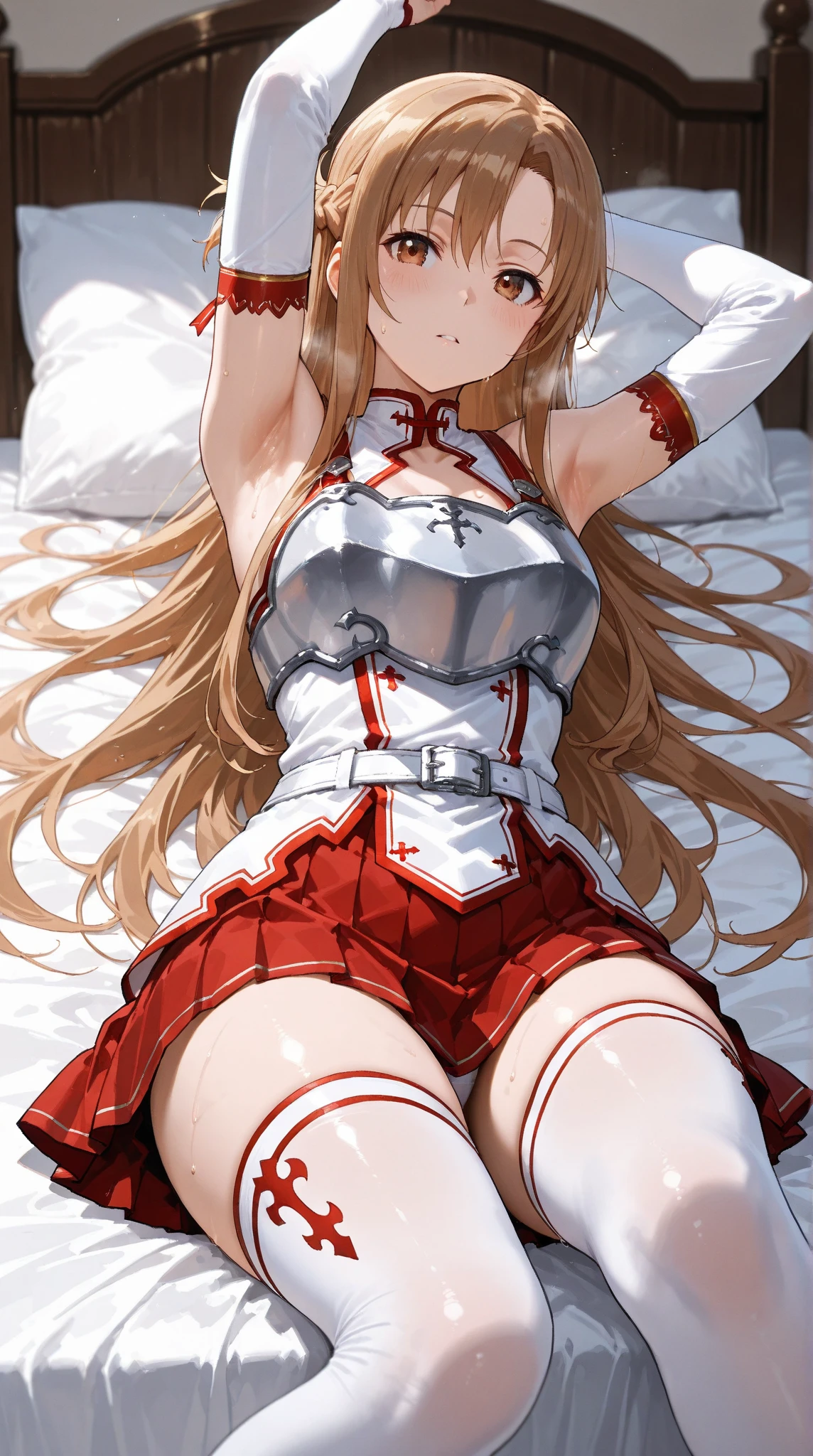 mature woman, Extremely thin skin, work of art, best qualityer, extreme detailed face, The best CG, medium breasts, bared shoulders, eyes browns, Long straight brown hair, 弓, white sleeves, white stockings, red skirt, waist belt, Fine body, See me, Sword Art Online, asuna, Delicate room, lying on a bed, legs spread open, pretty legs, transparent panties, lingerie white, thighs showing, sexly, seducing, legs spread open ((legs spread open)) (legs spread open)