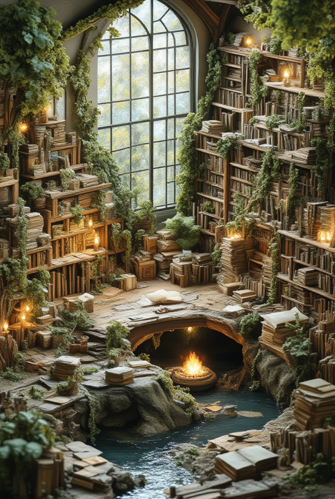　Diorama , home , minimal cozy, grenn room,　a room filled with lots of books and plants, an overgrown library, book shelves, reading nook, room full of plants, floor to ceiling window, filled with plants, overgrown with plants, bookshelves, stacks of giant books, book shelf, cozy treehouse bedroom, picture of a loft in morning, books cave, a cozy old victorian loft,  4k hd,, beautiful art uhd 4 k, a beautiful artwork illustration, beautiful digital painting, highly detailed digital painting, beautiful digital artwork, detailed painting 4 k, very detailed digital painting, rich picturesque colors, gorgeous digital painting