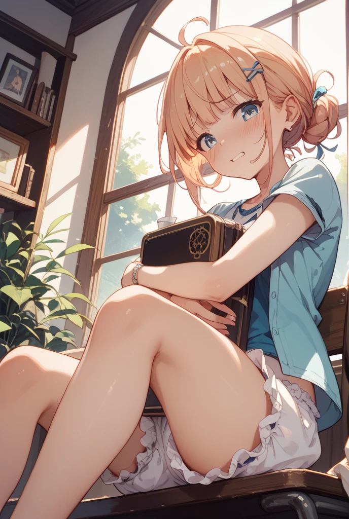 ((masterpiece,best quality)), 1girl, march7th, single glove, black heels, depth of field, night, smile, open mouth, from side, floating hair, ((rainy day)), (water on window), cozy apartment with plants, a woman reading a book, cozy bean bag chair, pajamas, detailed face