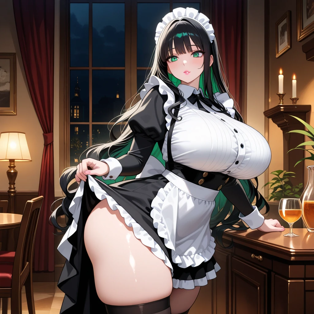 alternate_costume, animal_ears, bare_shoulders, bent_knee_\(knees\), black_pantyhose, blurry, blush, breasts, brown_hair, bunny_ears, bunny_girl, bunnysuit, cleavage, depth_of_field, detached_collar, fake_animal_ears, fate/apocrypha, fate_\(series\), fingernails, fishnet_pantyhose, fringe, girl, hair_between_eyes, head_tilt, highleg, indoors, large_breasts, leotard, light_erotic, long_hair, looking_at_viewer, navel, pantyhose, payot, pointy_ears, semiramis_\(fate\), shiny_skin, signed, single, sitting, skindentation, sleeveless, tall_image, tray, twitter_username, wrist_cuffs, yellow_eyes, zeroshiki_kouichi