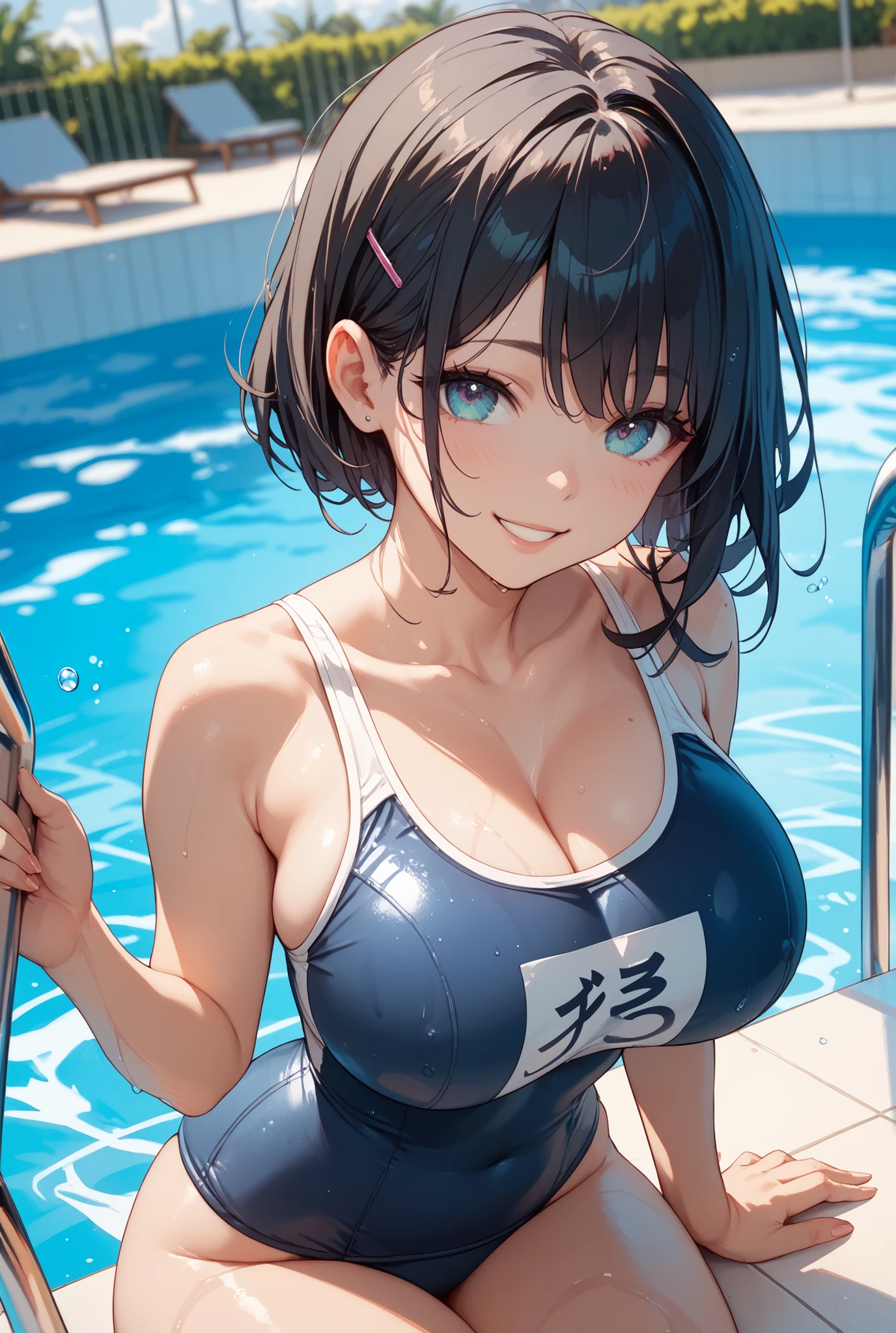Beauty, Navy Blue Hair,short hair(Inward Curling Bob) ,blue eyes,Costume(Lifeguard in underwear), Large Breasts、Blue Earrings、background(Boolean) 、Sexy pose、smile、Open your mouth wide