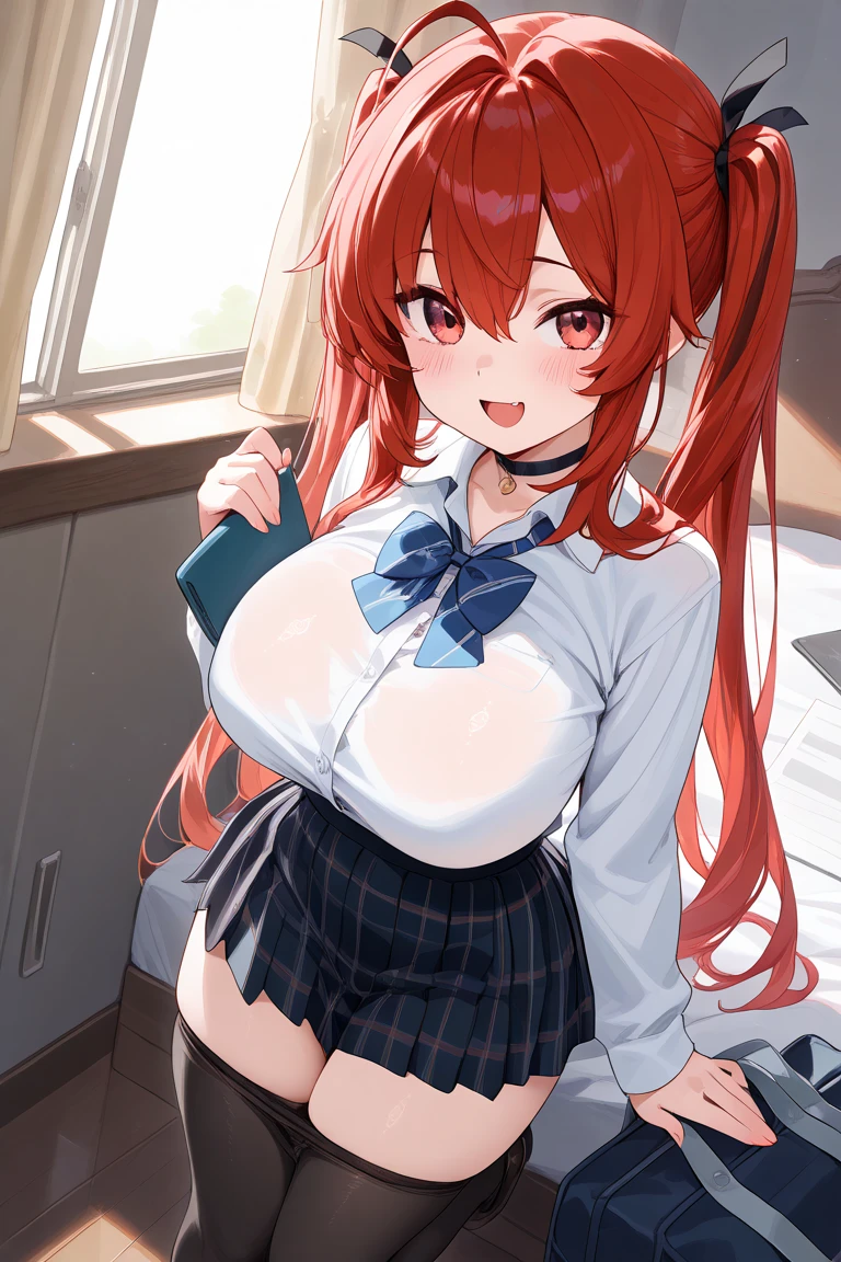 Daiwa Scarlet \(umamusume\), ((Abdominal muscles)), ((Muscular body)),Brown Hair, Hair Intake, Red eyes,Red eyes玉、Shining Eyes、Sparkling Eyeoist Eyes、Long Hair, なめらかなLong Hair,Twin tails、大きなTwin tails、Wearing a tiara on the head、Open your mouth八重歯が見える、smileの口から八重歯、very, very, very long horse ears、、、、 Horse tail, (very detailed), Super big breasts（3.6）、超Super big breasts、very very big breasts、Sunburned skin、Sunburn、Brown Skin、The tan lines are dazzling、White and red checked pajamasを着る,Waking up、Sleepy、 White and red checked pajamasを着て背伸びをする、morning、clear々しいmorning、Breasts swaying violently back and forth、morningの寝室、Just woke up、Pajamas that expose breasts、Slouching in pajamas、Ecstatic expression、気持ちいいmorning、Private bedroom、Her chest is overflowing、Saggy breasts、Voluptuous bust、Brown SkinSuper big breasts、Bust Size H Cup、Melon-sized bust、美しいErect nipples、Sweat、Sweatまみれ、Sweatだく、Beautiful breasts、White and red checked pajamas、Wearing small pajamas、Erect nipples 、Erect nipples、 masterpiece,Highest quality, fine grain, Official Art, smile, morningの寝室、Waking up alone、indoor,Waking up、Hair in a mess、Beautiful feet、Spread your legs、Open your mouth, frontage、morning、morning日の入る寝室、Brown Skin、god秘的美しさの脚、god々Beautiful breasts、カワイイsmile、smile、恋人に見せるsmile