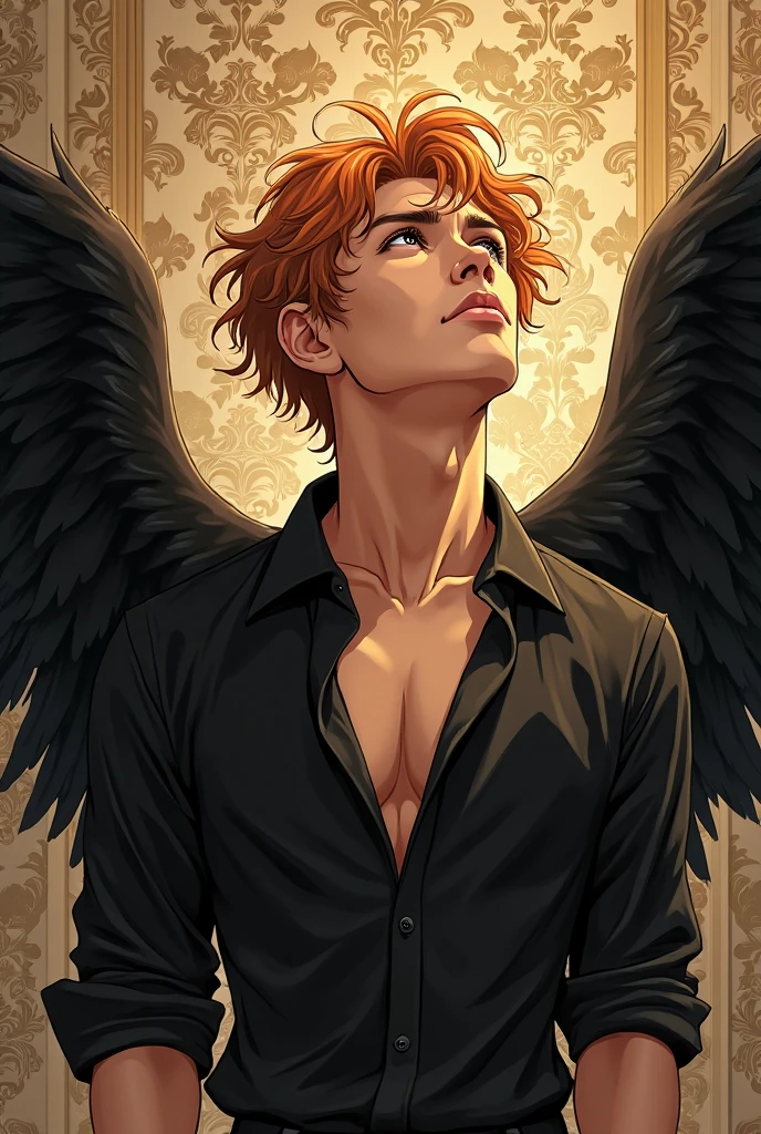 Lucifer, male body, angel with male face, six wings, nude, long unkempt orange hair, male, highly detailed, intricate details, dramatic lighting, cinematic atmosphere, vivid color, masterpiece, photorealistic, 8k, ultra-detailed, surreal, dramatic pose, powerful, mystical, amazing, glowing, sacred, celestial, sacred, mythical, fantasy, epic, movie, chiaroscuro lighting, dramatic shadows, volumetric lighting, depth of field, bokeh, beautiful lake