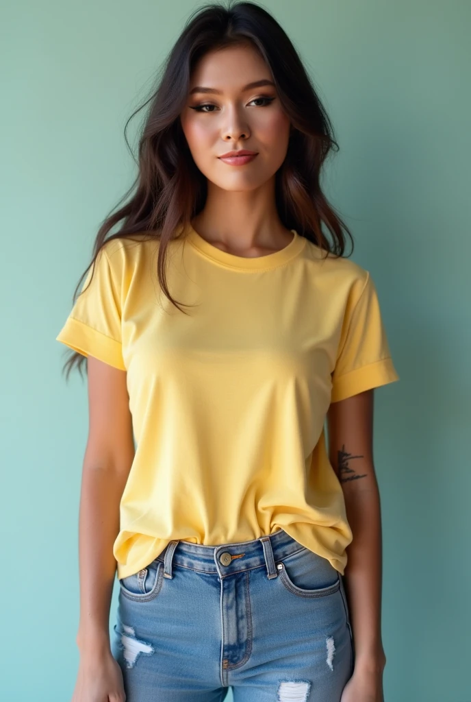smiling woman with short hair and a yellow shirt holding a cell phone, probably in her 30s, gina heyer-elizabeth erickson-jennifer wuestling-schuyler fisk merged, entire body visible, full body, hyperrealistic, best quality, 8K, masterpiece, extremely intricate, detailed eyes, detailed face, detailed body, exaggerated features, pronounced features, fujifilm