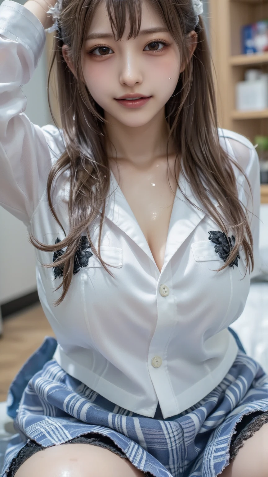 ((highest quality, 8K, masterpece :1.4,アニメ)), highest real,Sharpness:1.3, Perfect Body Beauty:1.4,super detailed face and skin texture,((Super Real,best quality)),(soft lighting),super detailed face, fine eyes, double eyelid,(ass pov),(((1 girl))),((make eye contact with the audience)),((Composition from the front:1.4)),fine detail,highly detailed face and eyes, (cute face:1.6), ((NSFW:1.6)), my sister,18years old,(huge breasts :2,beautiful areola,small areola),(Glowing skin),---//background//---(Inside the In school, in the classroom, bright room, large windows, sunlight shines in)---//Hairstyle//---(Beautiful BLACK hair:1.2,CUTE SHORT HAIR:1.2)---//expression//---(SMILE FACE:1.4)---//Pause//---(crawl on all fours on the bed:1.4,on all fours on the bed:1.4,hands on bed:1.5),((close up face:1.5,UPPER body:1.4)),---//clothing//---((school uniform:1.4,sailor suit:1.4,RED RIBBON TIE:1.4)),((she is wearing an white shirt:1.5)),(RED SKIRT:1.2,Red and white check pattern:1.2))---//Titty fuck//---(((LONG penis, breasts blowjob, paizuri:1.5, penis is between breasts, penis in breasts, breast squeeze,press breasts together,Close your breast with both hands)))