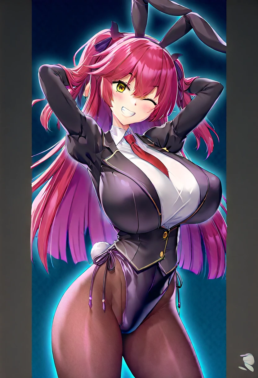 (high quality), JK, no bra, thight stockings, mischievous smile, light blush, looking at viewer, huge breasts, precise hands, sexy pose, scathach, long hair, purple hair, (red eyes:1.5), thigh top, navel, black thong, thight stockings, hand in the hip, detailed night street in the background