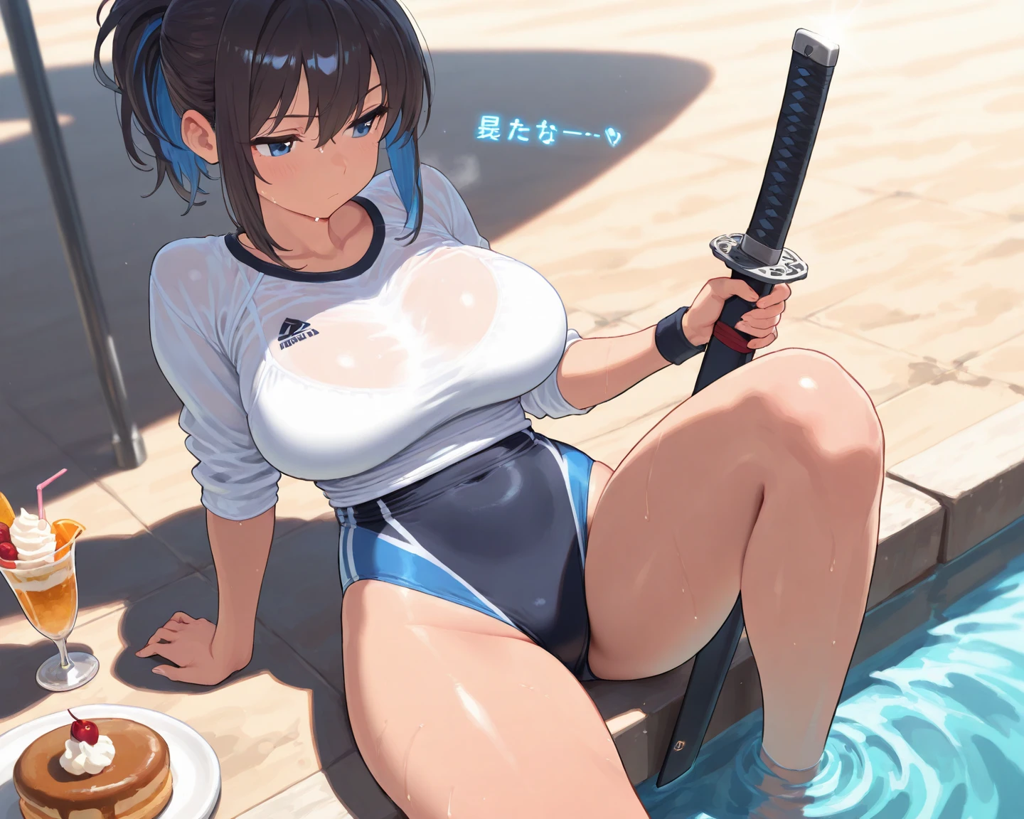 (absurdres, 8k, 4k, masterpiece, hyper extreme detailed:1.2), solo, 1girl, front view, portrait, best quality, expressive eyes, perfect face, 1girl, portrait, solo, standing, Female, toned body, mature female, medium breasts, pale, hair covering one eye, dark brown hair, long hair, eyepatch, sarcastic, snarky, soldier, adult, hazel eyes, shorts, delinquent, sarcastic, white jacket tied around waist, graphic t-shirt, smirk, crazy eyes, messy hair, swept bangs, midriff, exposed collarbone, exposed left shoulder, bound, bondage, (arms behind back:1.4), bdsm, tape gag, tape, tape bondage, close-up, restrained, best anatomy, curled up, full body, taped thighs, taped legs, legs together, tape wrapped, wrap gag, shorts, t-shirt, hogtie bondage, messy hair, laying down, hogtied, medium hair, standing up, standing in water, exposed nipples, exposed breasts, cleavage, wet clothes, wet clothing, see through shirt, rising water level, water to hips, high water, splashing,