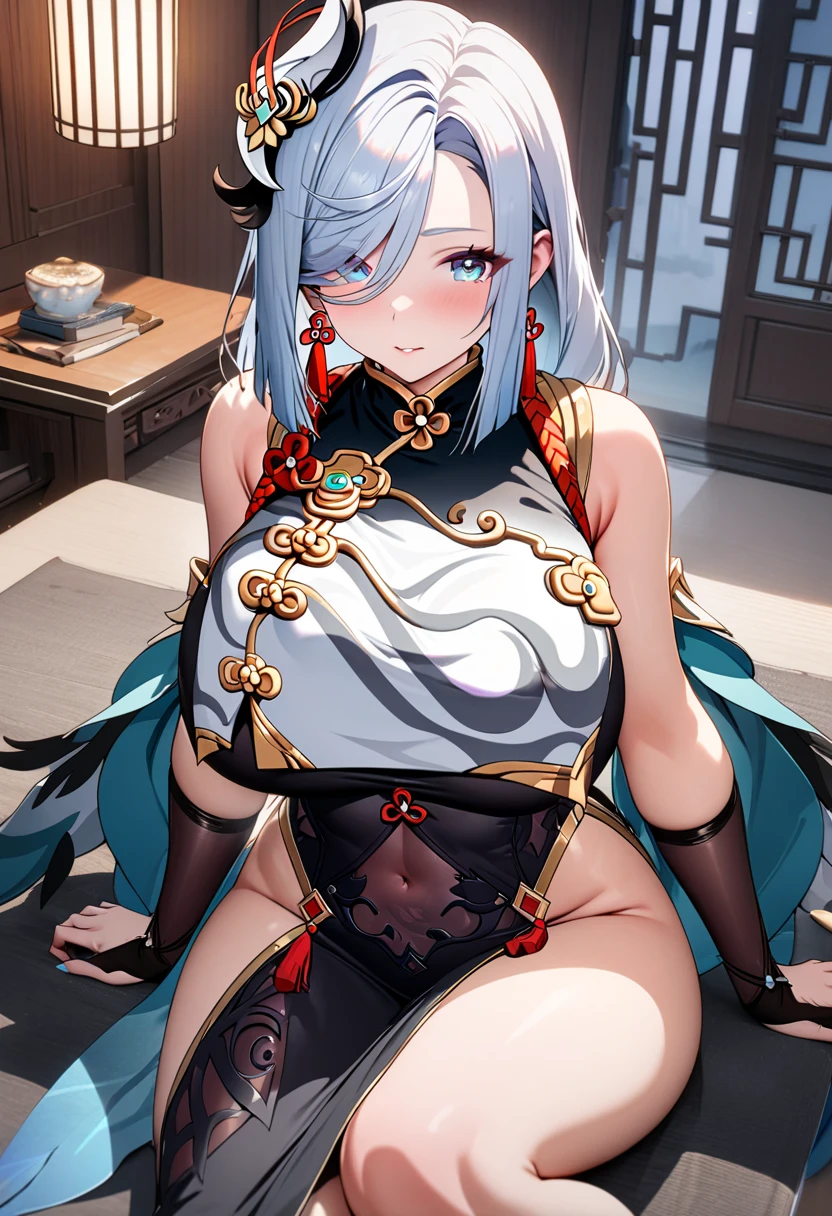 UHD, anatomically correct, super detail, award winning, masterpiece,tachi-e,sketch_style, (1 female has perfect body,white hair,wearing loose cheongsam,sitting on a chair,spreading legs,Left shoulder has a tattoo), solo,Chinese classical room,rosewood chair