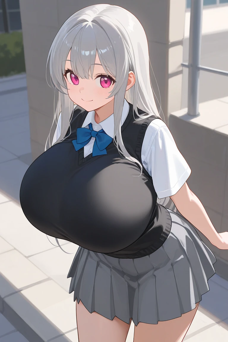 masterpiece, best quality, ultra highres, solo, (skinny body, thin body, narrow hip:1.3), narrow waist, skinny thighs, red eyes, sparkling pupils!, white hair, medium long hair, braid, hairclip, (gigantic sagging breasts, gigantic breasts:1.4), sagging breasts, (breasts wide apart:1.3), (school uniform, dress shirt, pleated skirt), short sleeve shirt, bow, classroom, cowboy shot, standing, (from above:0.7), bashful, showing nipples, large areolae, 