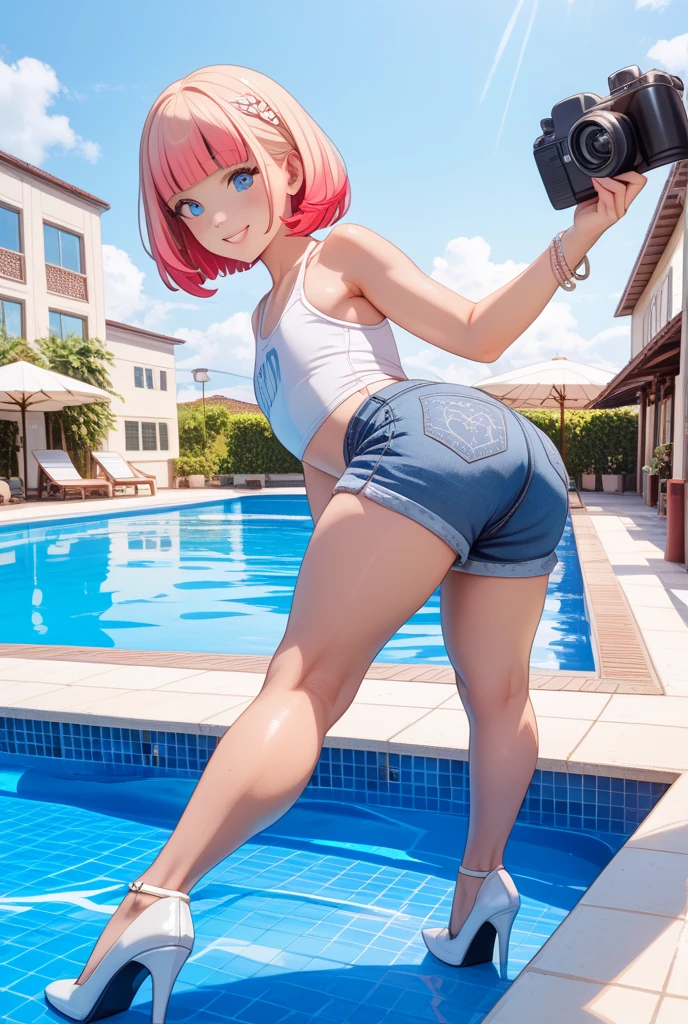 1 woman, 8k quality, Spread legs, short pink hair, ass, back view, white bikini, beautiful woman, heels, hands on ass, shy, smiling, small breasts, small ass, on the knees,