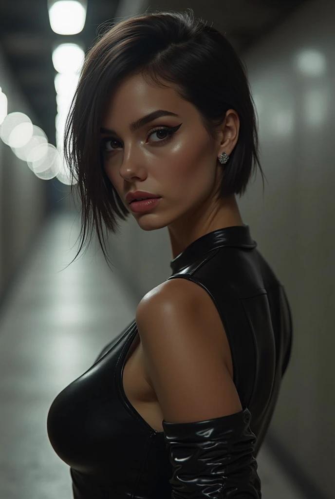 (((Tamara Taylor))), (a very tall slender woman with long legs standing at the reception in the hotel lobby), ((tall slender figure)), ((hairstyle bob)), ((barefoot)), ((short straight black hair)), (narrow pelvis), (small round breasts), big brown eyes, ((small head)), ((evening mood)), she smiles, (((She wears an elegant black cotton dress))), (cotton dress), (photorealistic:1.2), (best quality), (intricate details), 8K, (High Poly), (Raytracing), (Cinema Lighting), (Sharp Focus), (Detailed Face:1.3), Natural and Realistic Skin Textures, Soft Face, (Perspective from Behind), ((Wet Dress and Damp Skin))