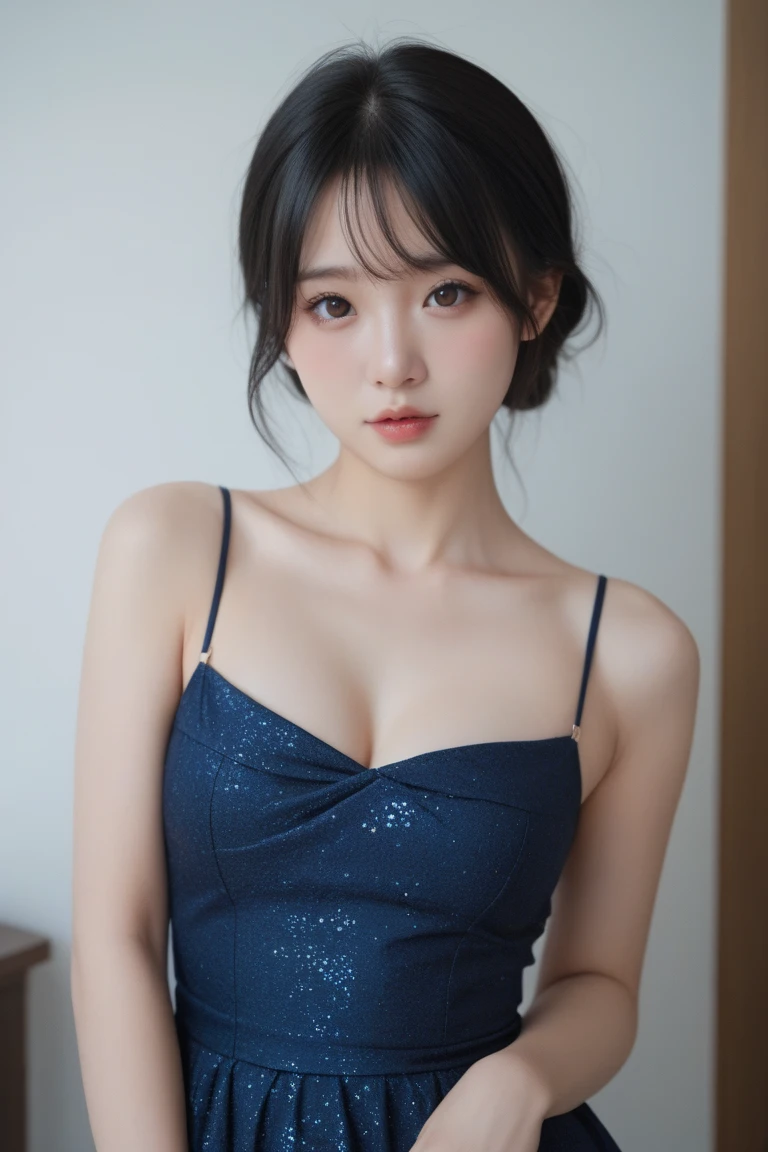 Blue ribbon on the head、blue pajamas、medium breasts、valley、A beautiful woman with a sense of transparency、cute、upper body up、Blue bedroom on background