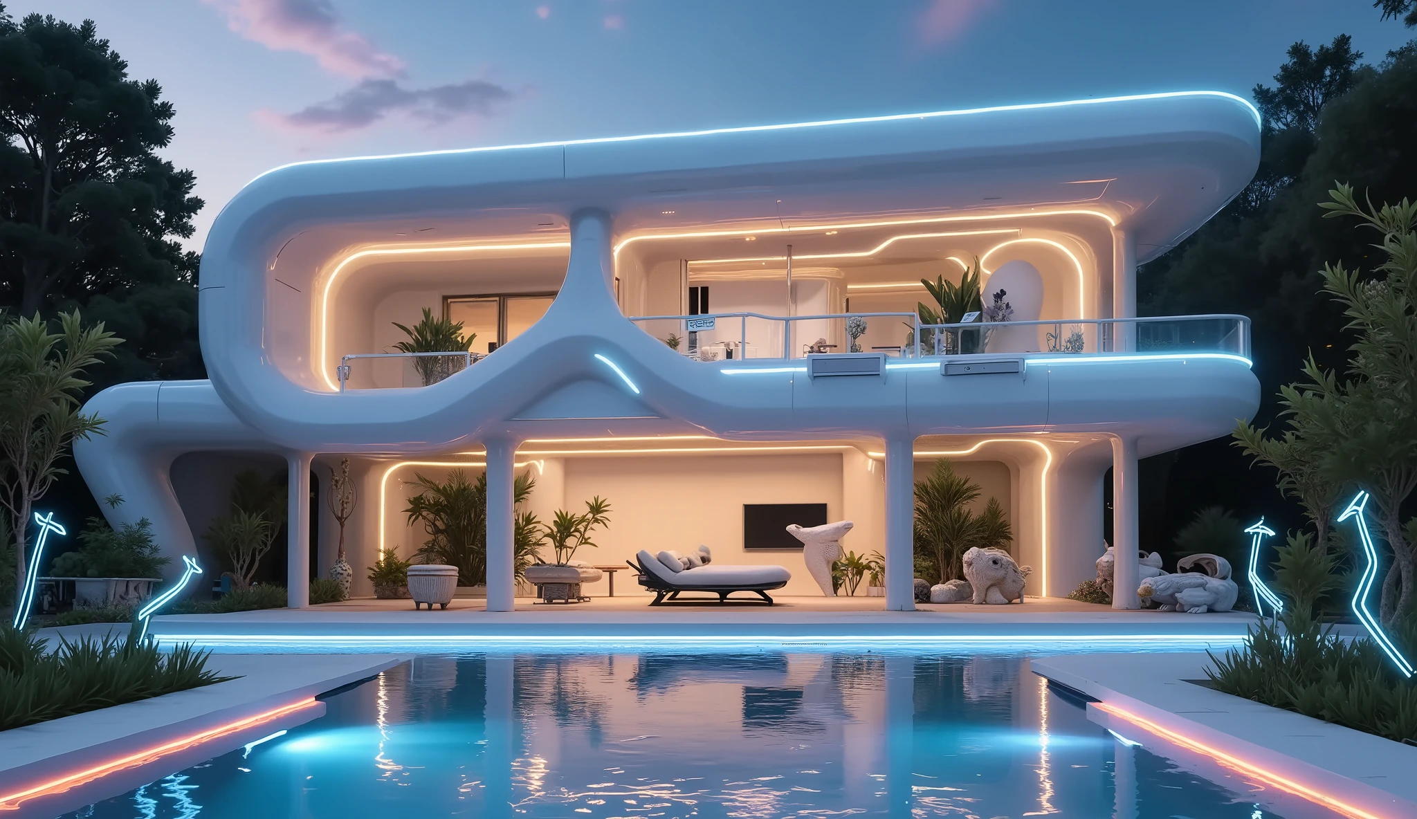 The main body of the villa breaks the conventional pattern of traditional architecture,in front of the door to show a side view Smooth lines,Each surface has a unique angle and curve,Very visually impactful。Color-changing nanocoating,can be accurately operated according to the ambient temperature、The blade flickers strangely fluorescence,The road、Dark Blue、surface has a unique angle and arc,, making the building look diverse at different times and scenes。Various intelligent mechanical gardening devices are distributed in the courtyard,Special plants provide suitable growth conditions,with colorful laser light strips,ensures that every plant shows a perfect shape;and a smart greenhouse that can simulate different climatic environments,on the surface provides suitable growth conditions for special plants。from a bird's-eye view,The technical facilities in the villa and courtyard have a reasonable layout,Not only The、The light strip shines brightly and colorful,around silver gray、can produce dynamic lighting effects,like a smart walkway that shines、The surface of the body is made of mirror material,The glass part is not only a transparent partition。
