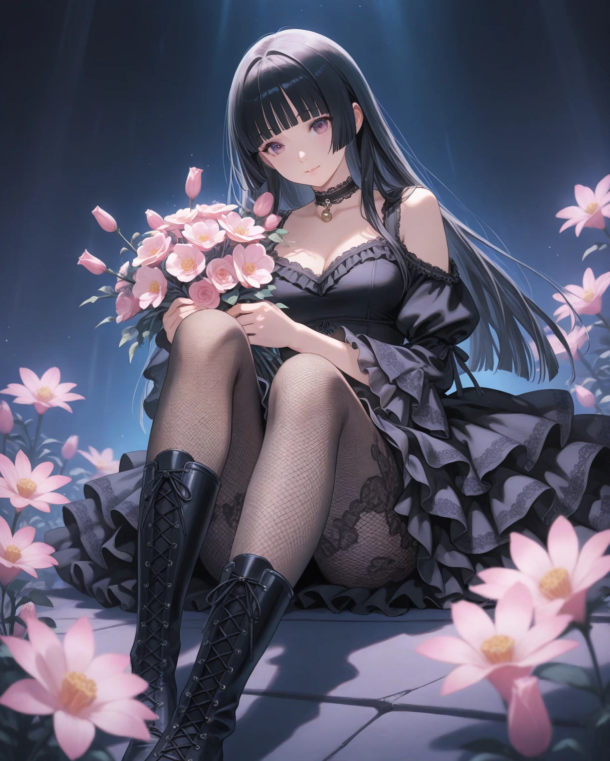 1girll，独奏，sit on chair，Inside the garden，cabelos preto e longos，Rose hair cards，Violet off-the-shoulder dress，black lence stockings