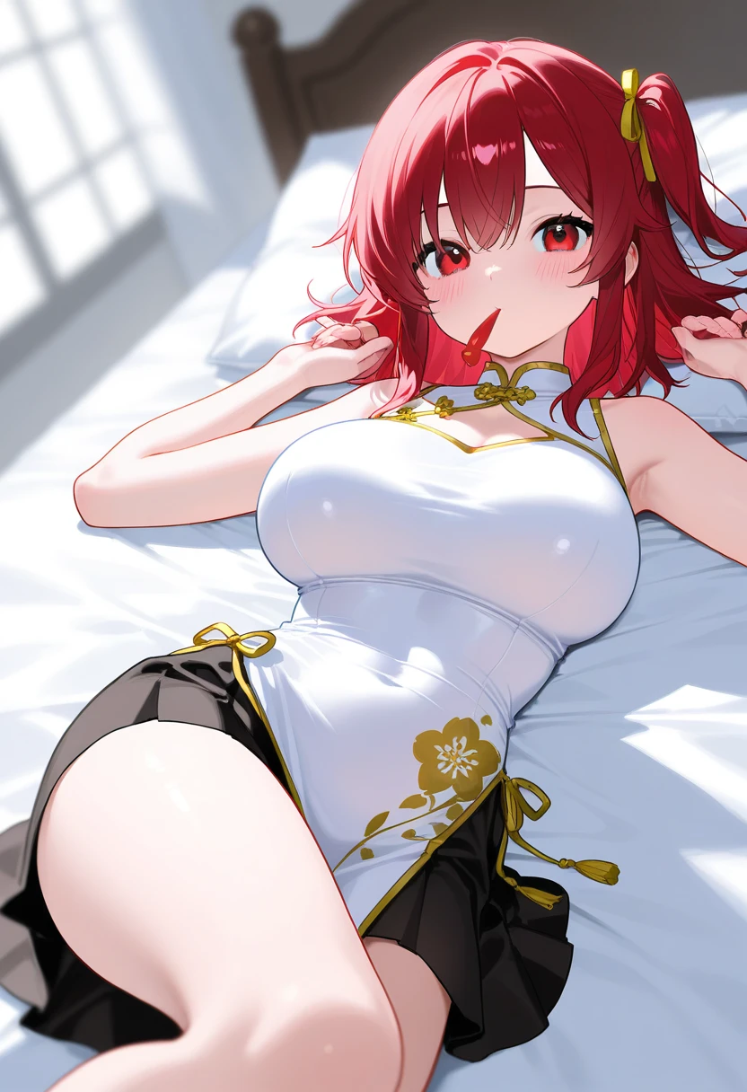 short red hair、red eyes、Beautiful girl alone、((Bright white dress))、sleeveless、sitting on、poneyTail, [[vesta_harem]], ((((large breasts)))), cleavage, BREAK (navel_cutout), side_slit, red_trim, BREAK (red_leggings), oversized_belt, [[[[black_belt]]]], [[[white_loincloth]]], ((bare_hips)), collar, armband, rose garden