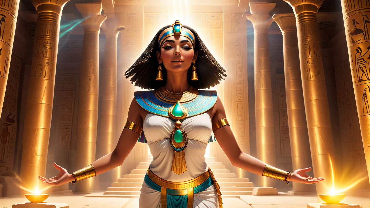 goddess isis, beautifully dressed, inside a pyramid, isis holding an orb of light