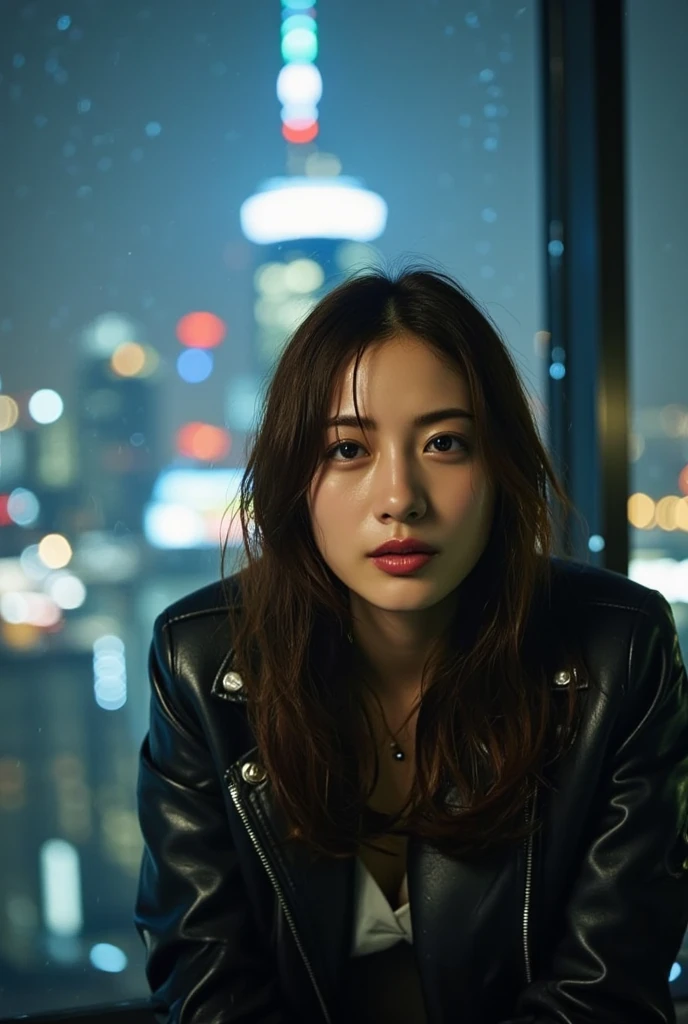 extreme close-up of beautiful beautiful korean female, 34 inch breasts size, wearing zipper leather suit, on the rooftop, sunset light, cinematic scene, UHD
