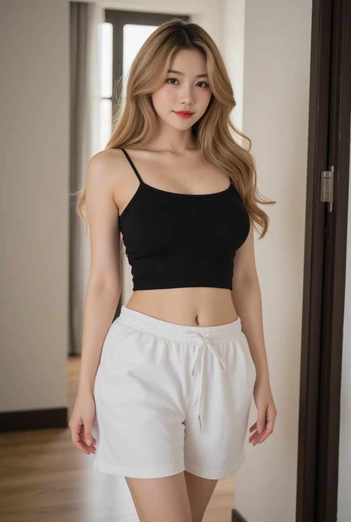 A (((full-body))), well-lit professional modeling photograph of an ethereally beautiful 18-year-old fashion model. She has youthful caucasian features and ((very pale white skin)). Her eyes are a striking blue, and she is wearing ((heavy black eye makeup)). She has a very slim body with long thin legs and large round breasts. She is wearing a tight white crop top, a very short black miniskirt, and black boots. She is sitting in a provocative pose that shows off the insides of her thighs, and her (((whole body from head to toe))) is shown in the photo.