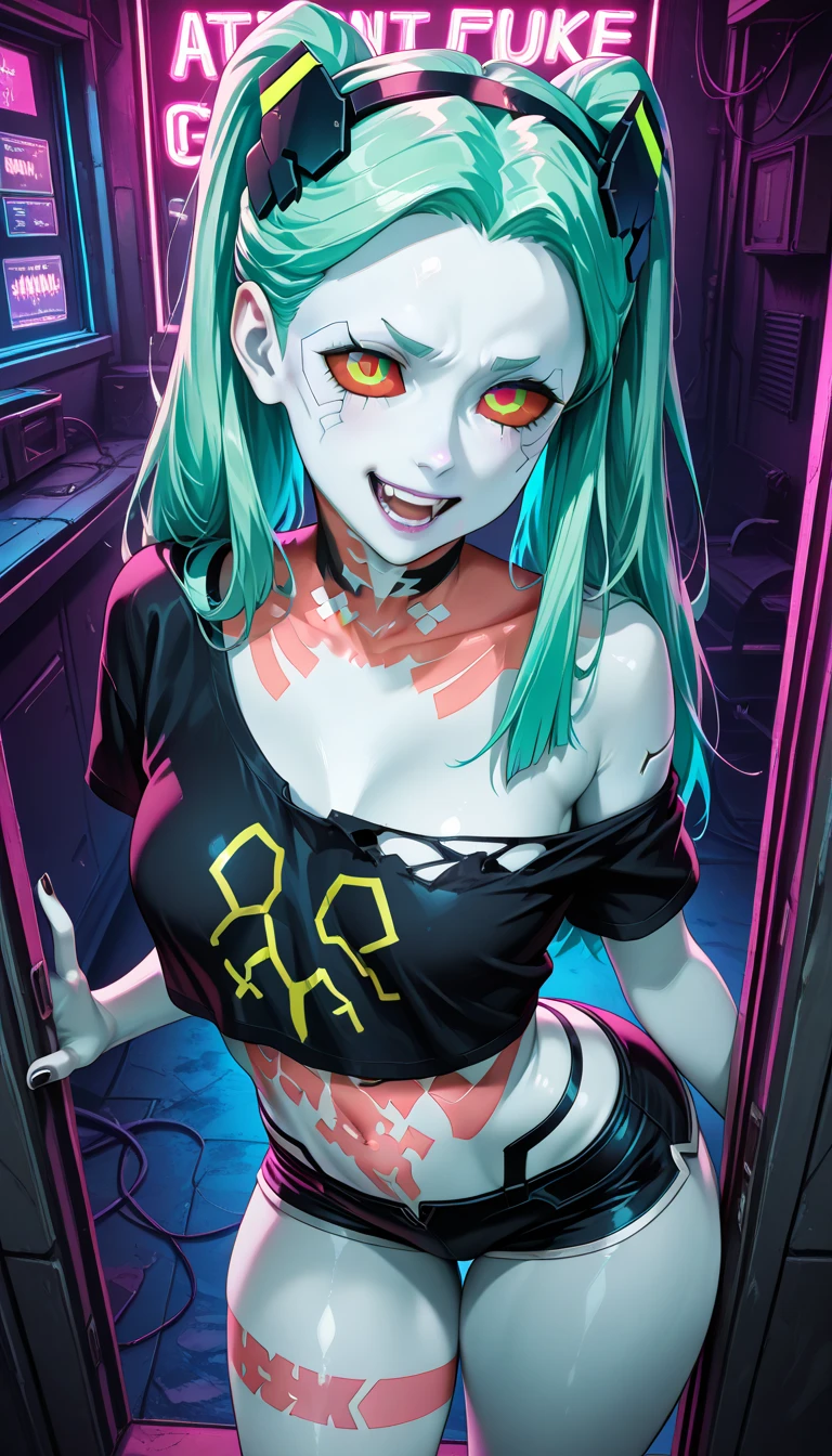 hmanga, (best quality, masterpiece:1.2), ultra detailed, (anime), 1girl, rebecca \(cyberpunk\), twintails, black hairband, mechanical eye, colored sclera, red sclera, colored skin, white skin, leg tattoo, neck tattoo, green hair, red pupils, red eyes, large breasts, lips, (looking at viewer), standing, (front view), sofa, (room:1.3), stockings, sexy lingerie