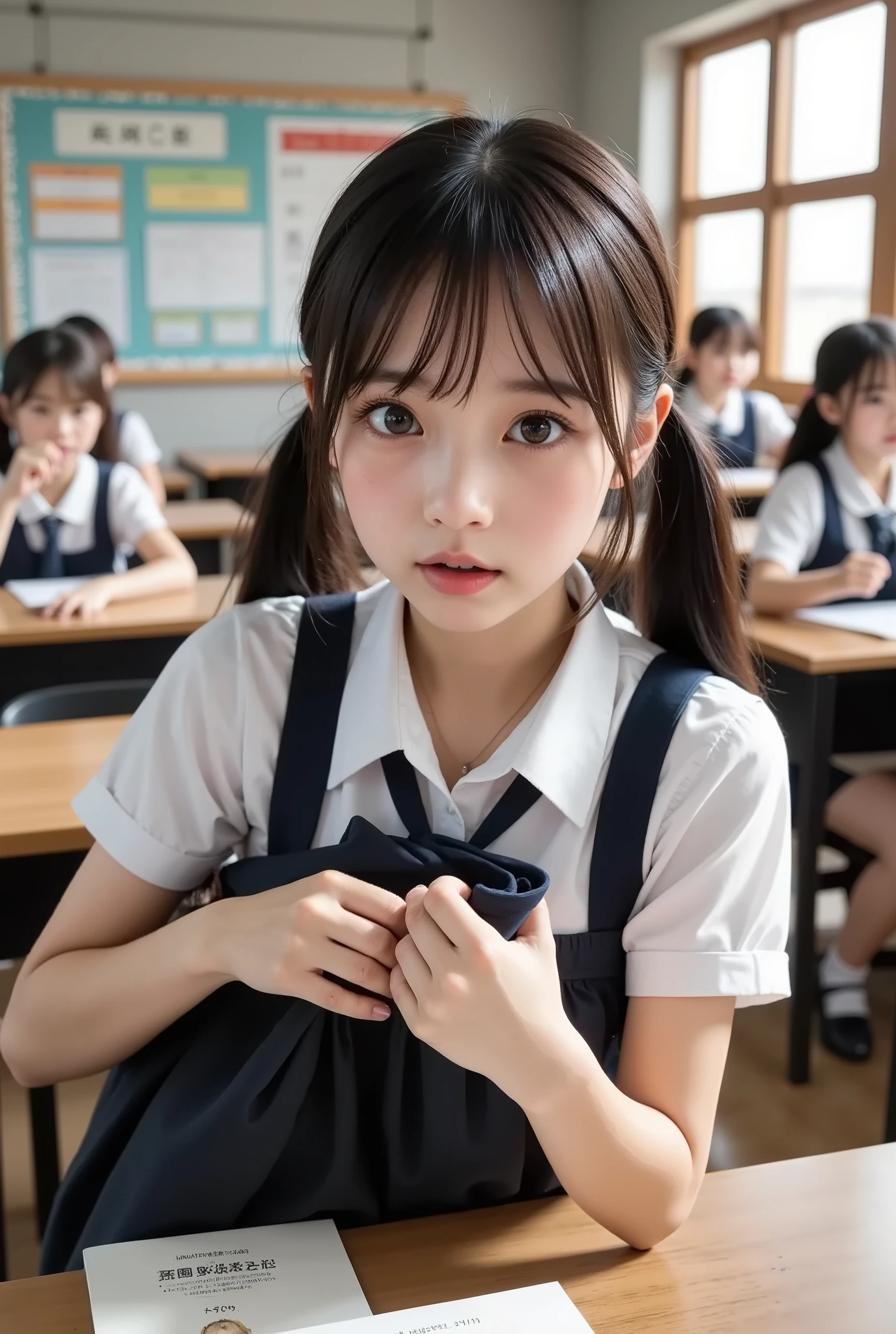 pretty girl、impatient expression、surprised expression、I left something behind、 sitting in the seat、I'm looking for the inside of my bag、school uniform、Multiple students in a school classroom