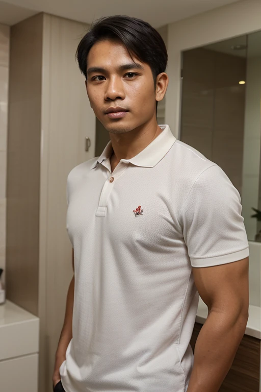 Masterpiece, best quality, high resolution, realistic, handsome, Take beautiful photos, A photo of a 35-year-old Gym Association member sitting on the floor. (The man has a thin mustache.) ,Full body, Portrait, Standing in the locker room, make military media, weight, Amazing , Buzzcut short hair,stubble head , (Hyper Muscle),looking at the audience, Flirt with the camera, charming, (Tight white polo shirt Cargo pants ),(GS-Male:1), 8k,Bokeh,Portrait,look at the viewer, smile 
