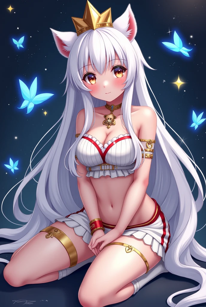 (masterpiece, best quality, extremely detailed CG, beautiful detailed eyes, ultra-detailed, intricate details:1.2), 8k wallpaper, elaborate features, (1girl, solo:1.4), (multicolored hair:1.2), long hair, streaked hair, halo, looking at viewer, animal ears, blue eyes,earring, white gloves, center frills, goddess,white dress pull, red kimono, silk, panties, ankle bracelets, choker, high heels, large breasts, light smile,+ +, sitting, night, moon,outdoors, cliff, mountainous horizon,