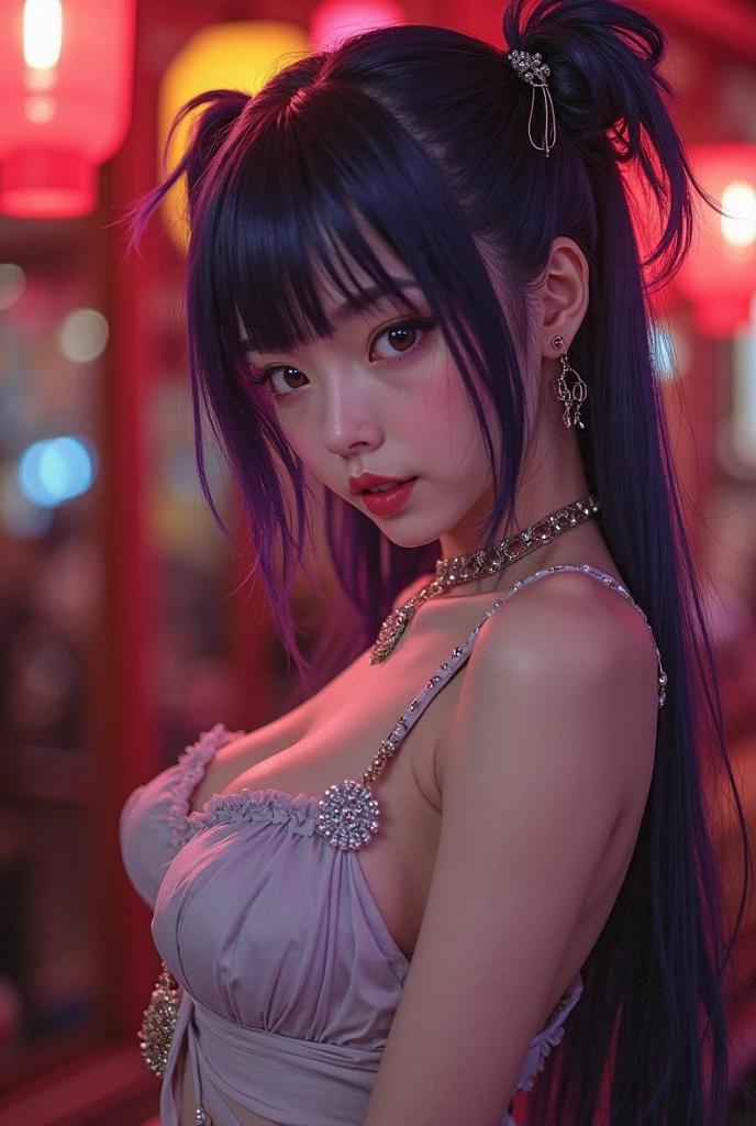 Cinema Lighting、(Key Light:Front 45 degree angle, Subsidy light、Backlight、Shadow、Blue and orange color palette), Accurate human body、Someone knowledgeable、Correct five-finger、RAW Photos、 4K - ultra-vivid、Highest quality, masterpiece, Ultra-high resolution, (reality: 1.4),
(((Oilskin,Glowing Skin、Realistic skin texture、Beautiful skin in every detail、Shiny skin、Shiny skin)))、
Upper Body Shot, Low camera angle, Written boundary depth, Focus on the center, Fine Eyes, Perfect face and eyes、
jirai makeup girl、Hotel、Straight long hair with black hair、Shining neon lights、ガールズBar clerk、Bar clerk、Serve alcohol、The interior is equipped with neon lights and ultraviolet black lights.、cyber- 、Big and ample breasts、Big cleavage、The interior of the store is like a spaceship,(((Completely naked))),(((nsfw)))