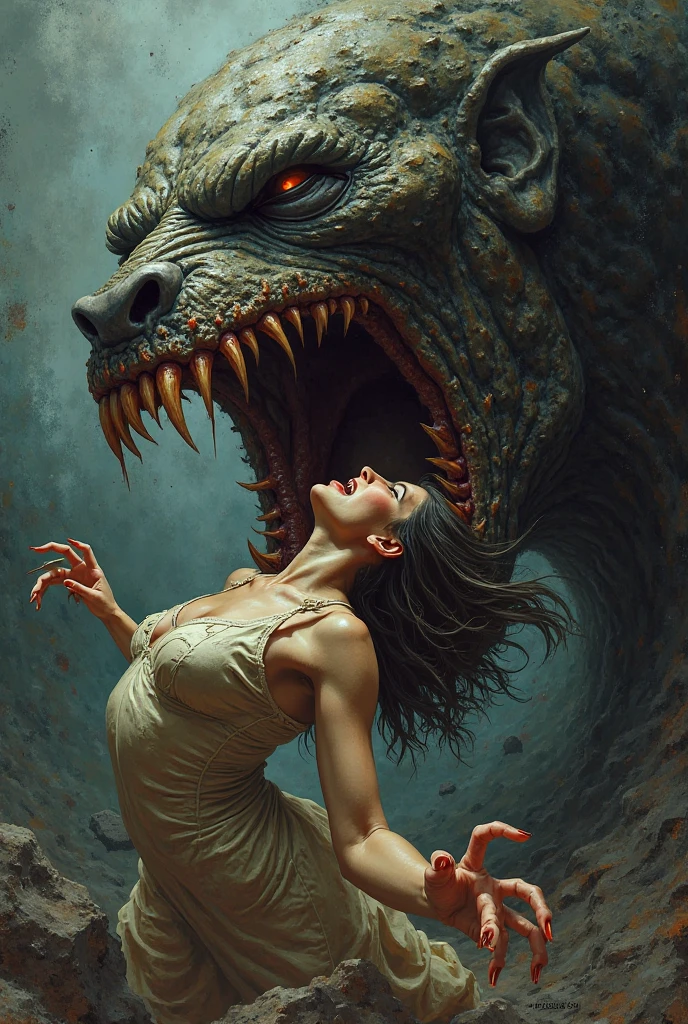 A scary, gigantic monster with a huge mouth and snake tongue with wet black tentacles